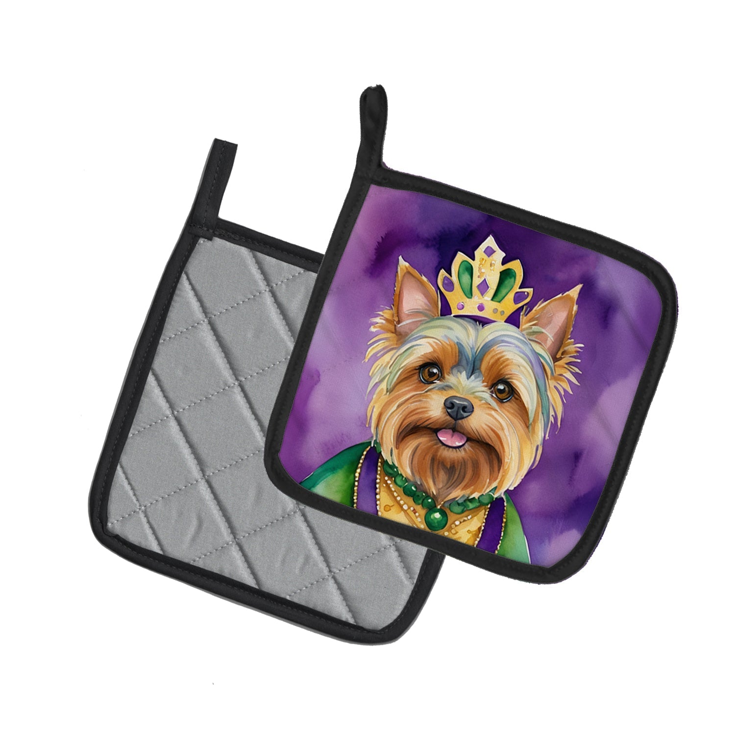 Yorkshire Terrier King of Mardi Gras Pot Holder Set of 2 Heat Resistant Quilted Hot Pads 7.5 x 7.5 Inch, Insulated Kitchen Trivets for Cooking & Baking
