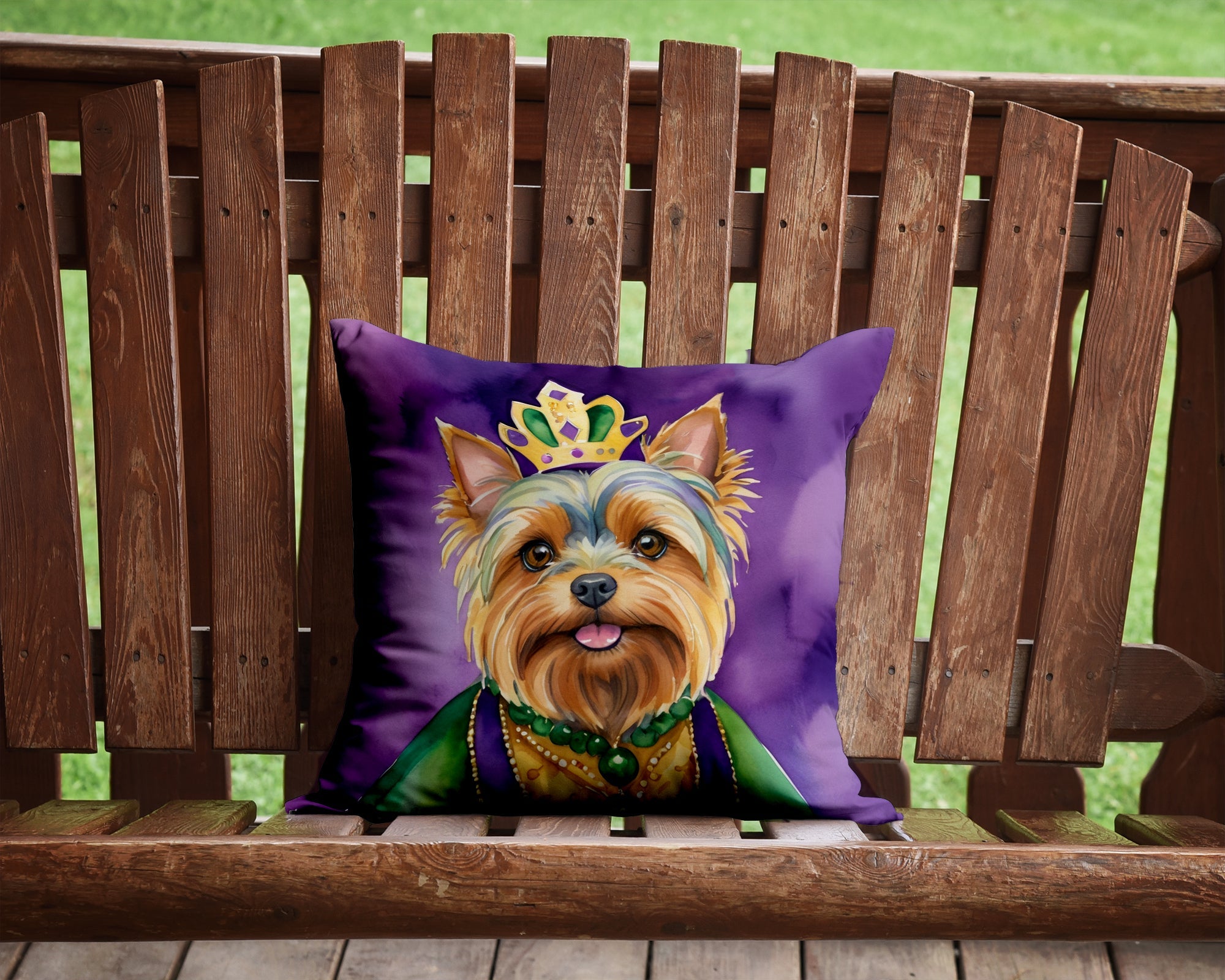 Yorkshire Terrier King of Mardi Gras Decorative Throw Pillow 14x14 Indoor Outdoor Accent Cushion, Fabric Cover with Insert for Sofa, Bed, Porch & Living Room