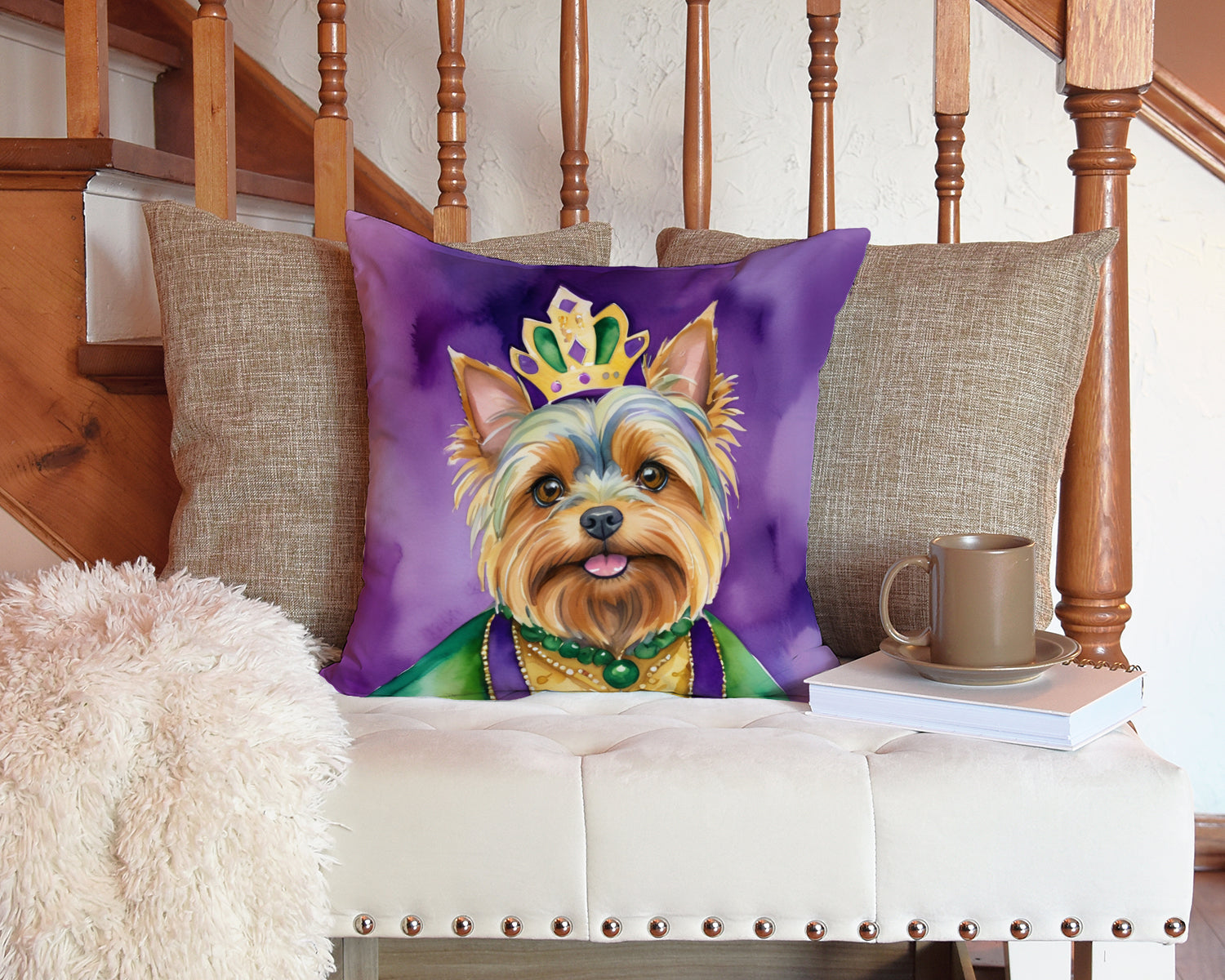 Yorkshire Terrier King of Mardi Gras Decorative Throw Pillow 14x14 Indoor Outdoor Accent Cushion, Fabric Cover with Insert for Sofa, Bed, Porch & Living Room