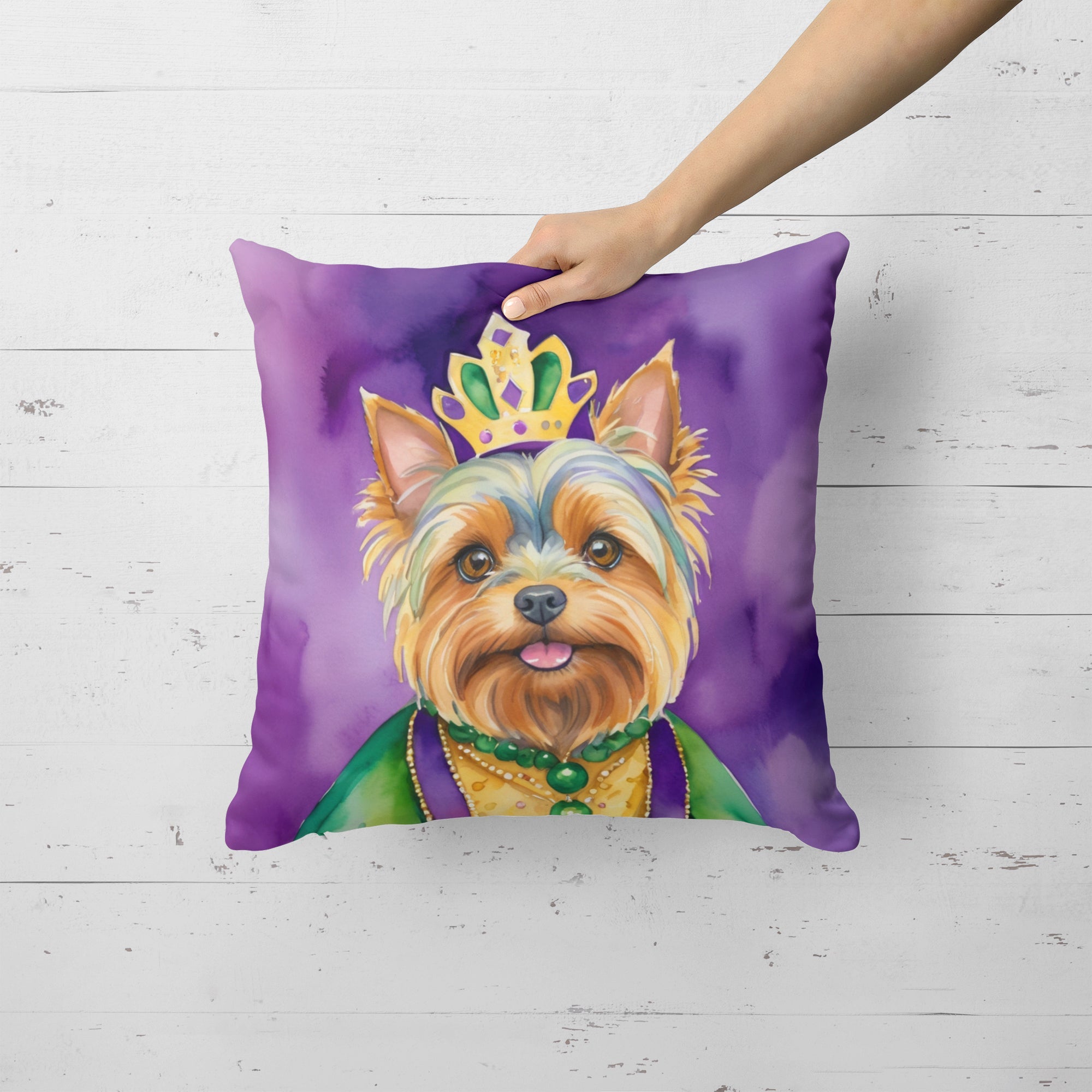 Yorkshire Terrier King of Mardi Gras Decorative Throw Pillow 18x18 Indoor Outdoor Accent Cushion, Fabric Cover with Insert for Sofa, Bed, Porch & Living Room