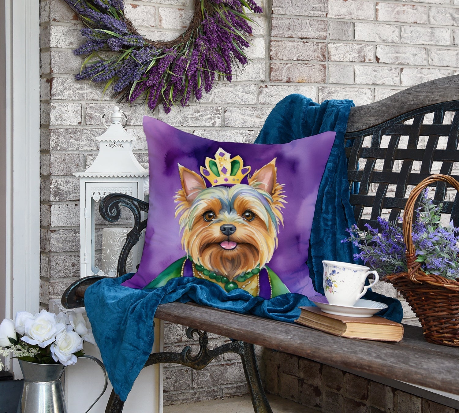 Yorkshire Terrier King of Mardi Gras Decorative Throw Pillow 18x18 Indoor Outdoor Accent Cushion, Fabric Cover with Insert for Sofa, Bed, Porch & Living Room