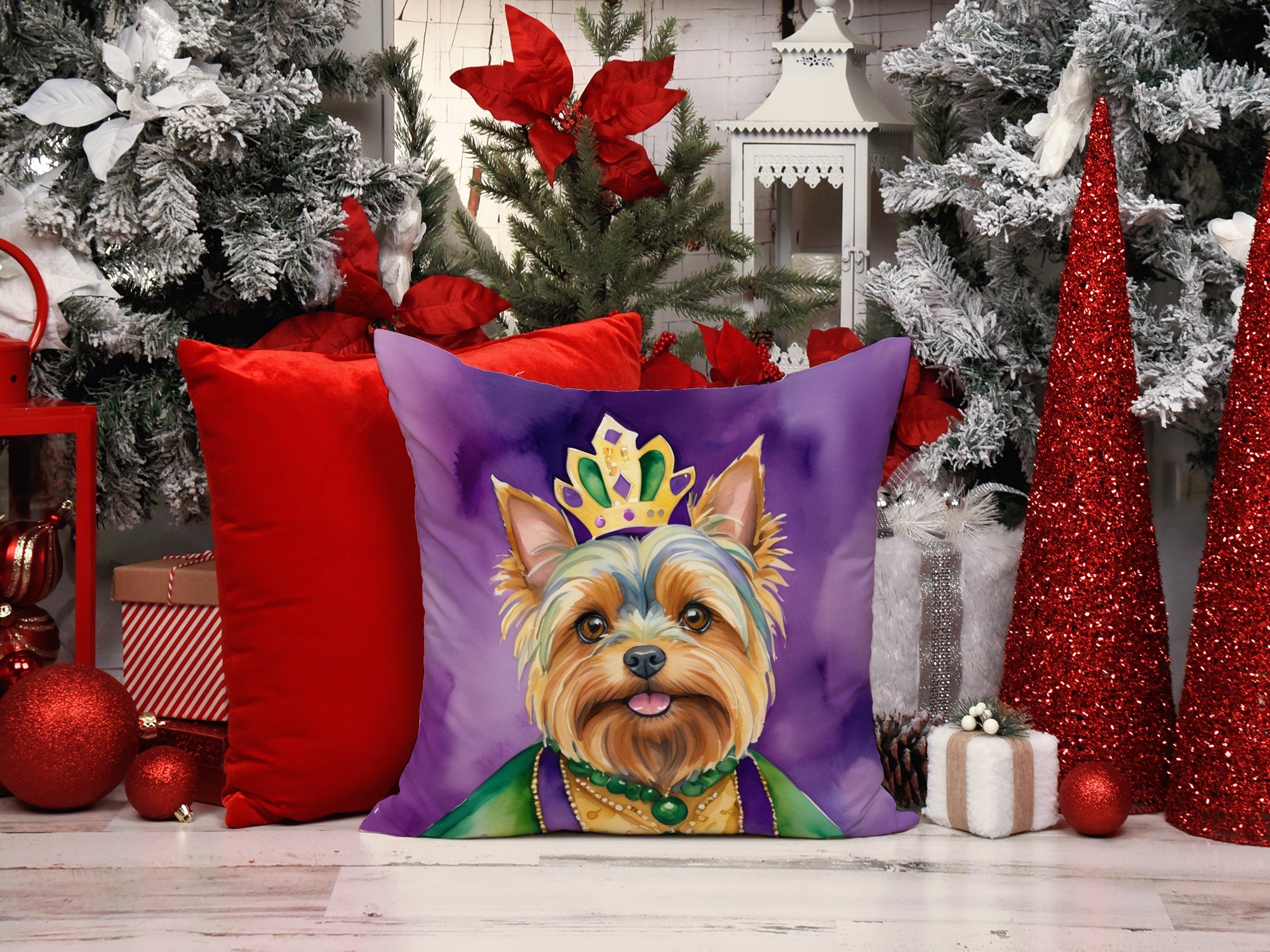 Yorkshire Terrier King of Mardi Gras Decorative Throw Pillow 18x18 Indoor Outdoor Accent Cushion, Fabric Cover with Insert for Sofa, Bed, Porch & Living Room