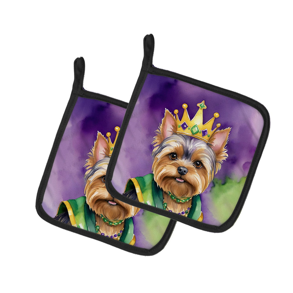 Yorkshire Terrier King of Mardi Gras Pot Holder Set of 2 Heat Resistant Quilted Hot Pads 7.5 x 7.5 Inch, Insulated Kitchen Trivets for Cooking & Baking