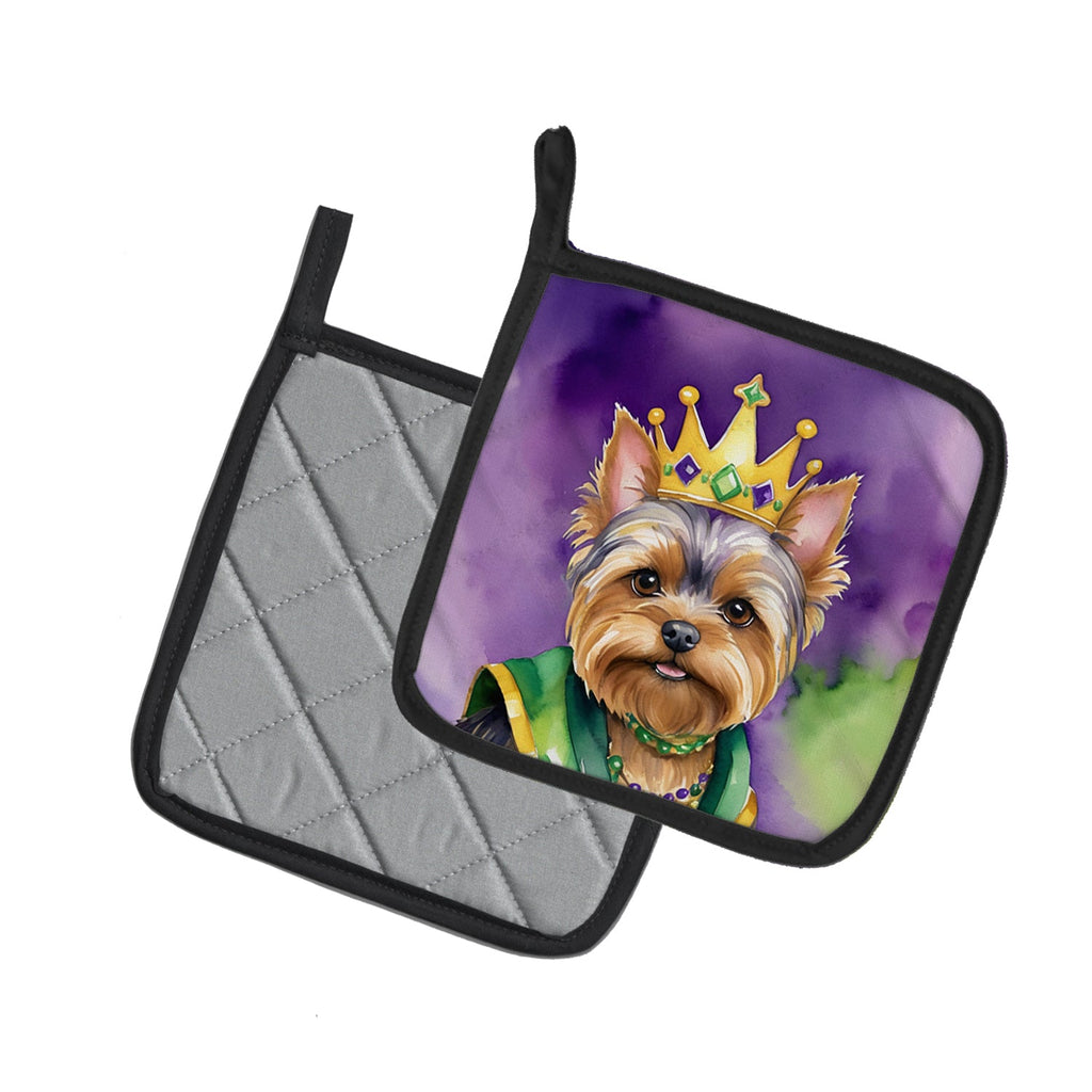 Yorkshire Terrier King of Mardi Gras Pot Holder Set of 2 Heat Resistant Quilted Hot Pads 7.5 x 7.5 Inch, Insulated Kitchen Trivets for Cooking & Baking