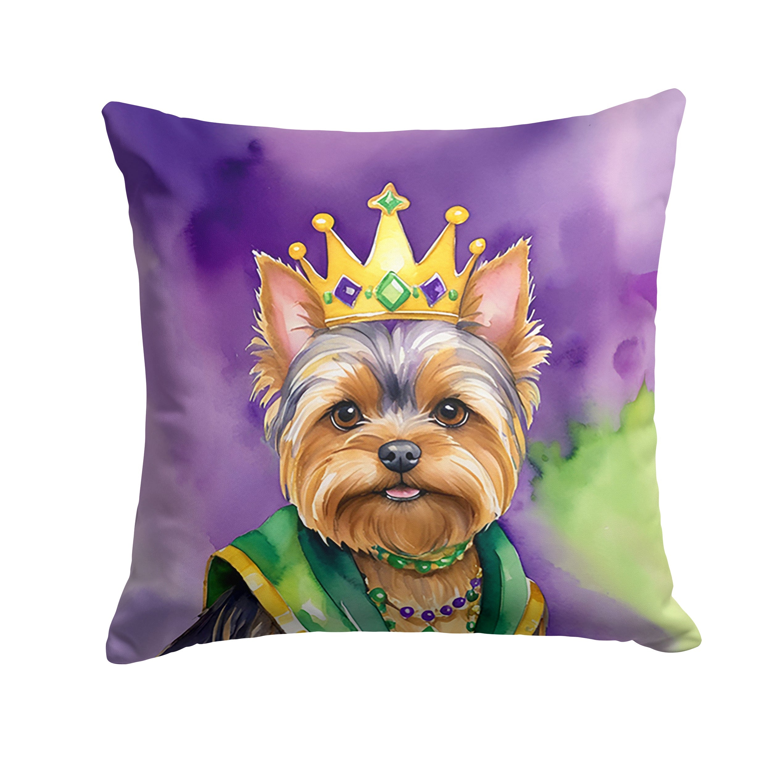 Yorkshire Terrier King of Mardi Gras Decorative Throw Pillow 14x14 Indoor Outdoor Accent Cushion, Fabric Cover with Insert for Sofa, Bed, Porch & Living Room