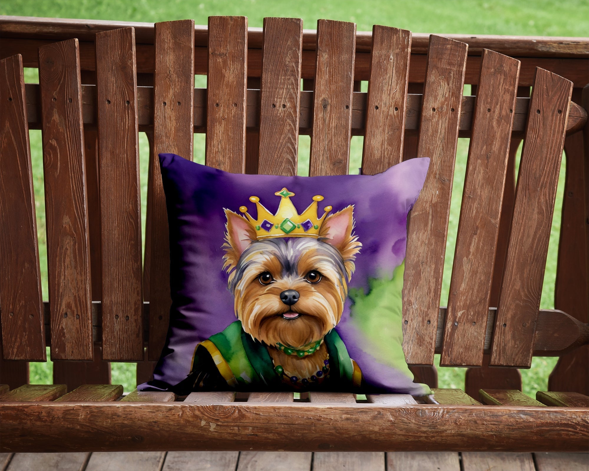 Yorkshire Terrier King of Mardi Gras Decorative Throw Pillow 14x14 Indoor Outdoor Accent Cushion, Fabric Cover with Insert for Sofa, Bed, Porch & Living Room