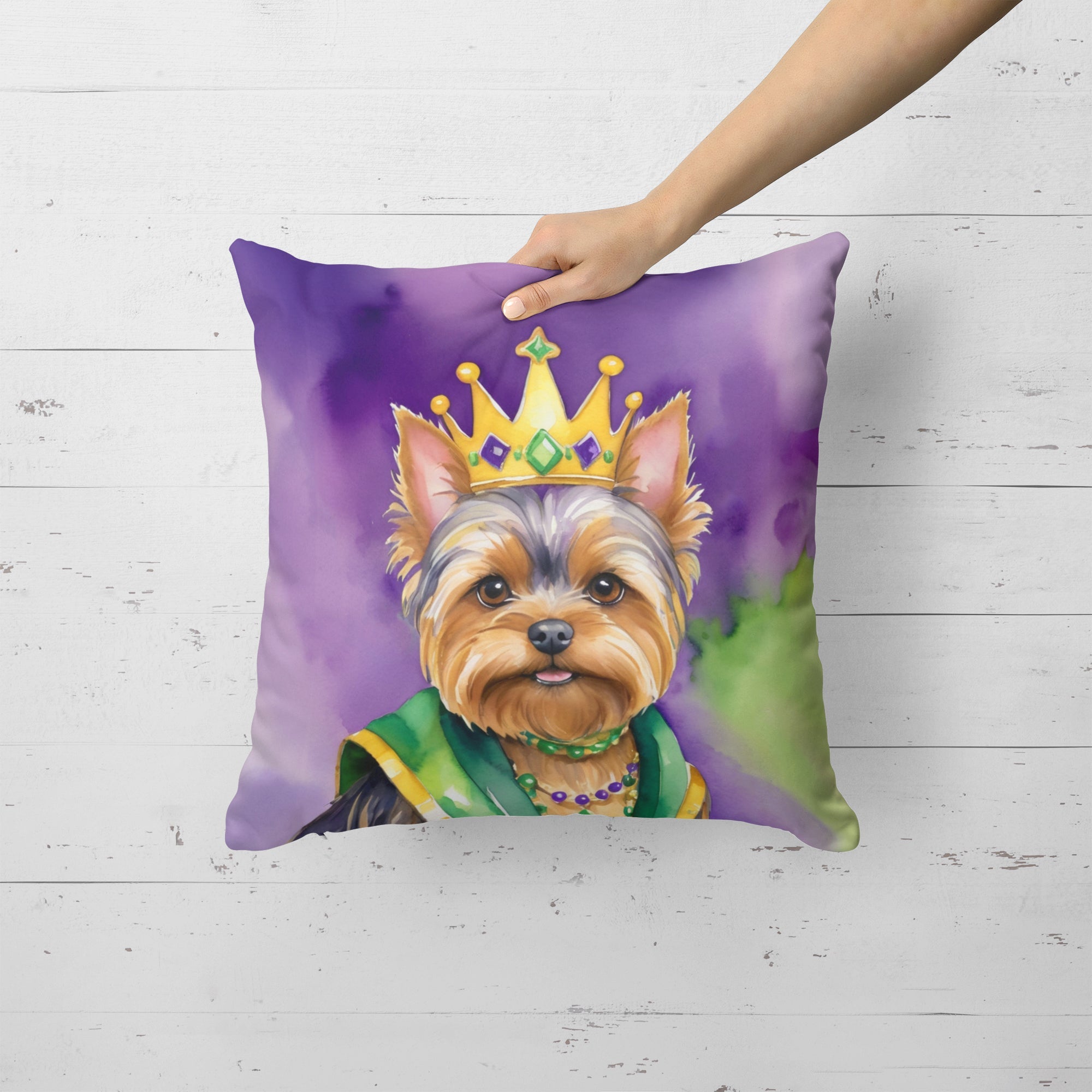 Yorkshire Terrier King of Mardi Gras Decorative Throw Pillow 18x18 Indoor Outdoor Accent Cushion, Fabric Cover with Insert for Sofa, Bed, Porch & Living Room