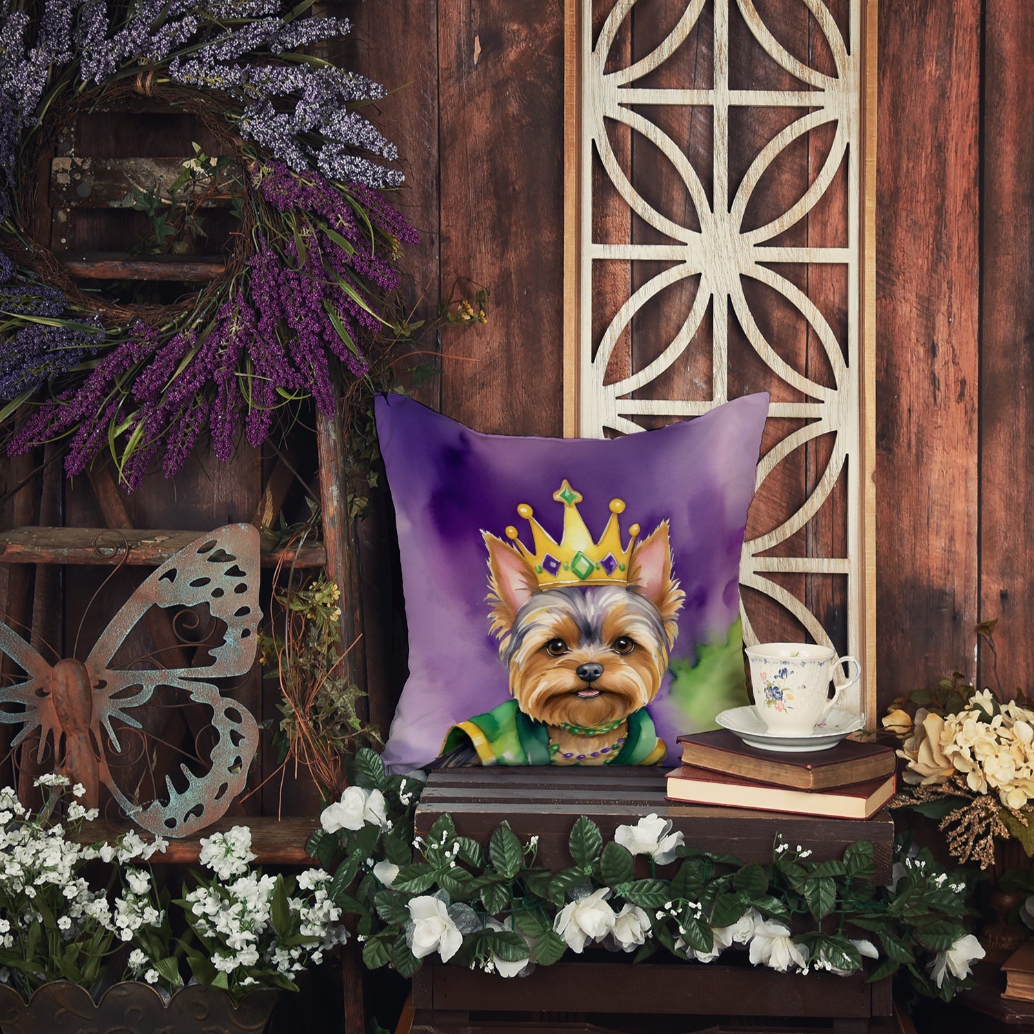Yorkshire Terrier King of Mardi Gras Decorative Throw Pillow 18x18 Indoor Outdoor Accent Cushion, Fabric Cover with Insert for Sofa, Bed, Porch & Living Room