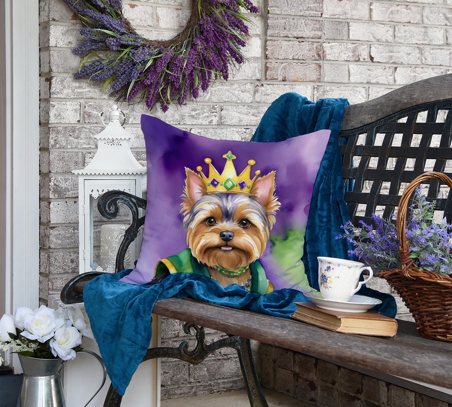 Yorkshire Terrier King of Mardi Gras Decorative Throw Pillow 18x18 Indoor Outdoor Accent Cushion, Fabric Cover with Insert for Sofa, Bed, Porch & Living Room