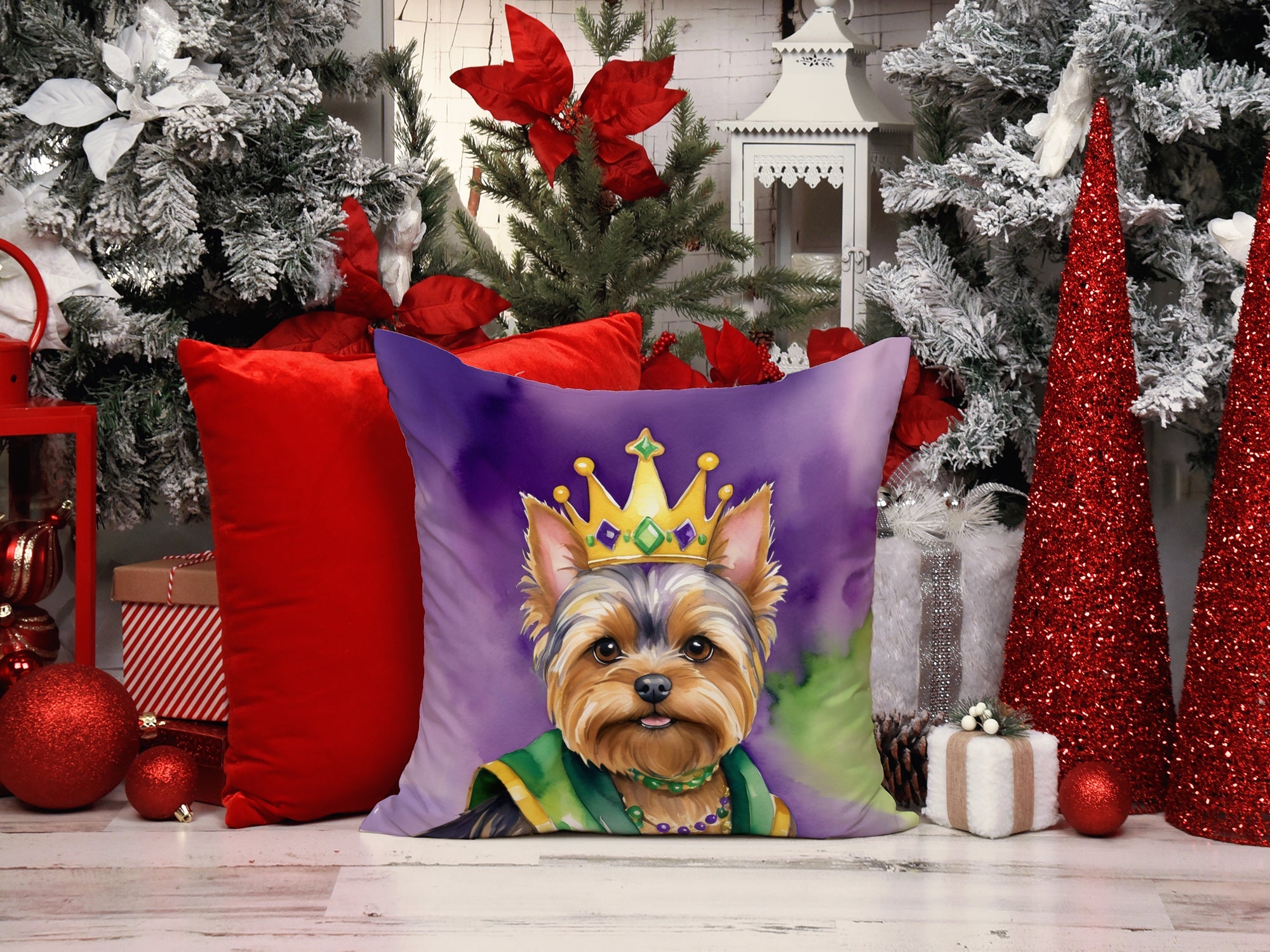 Yorkshire Terrier King of Mardi Gras Decorative Throw Pillow 18x18 Indoor Outdoor Accent Cushion, Fabric Cover with Insert for Sofa, Bed, Porch & Living Room