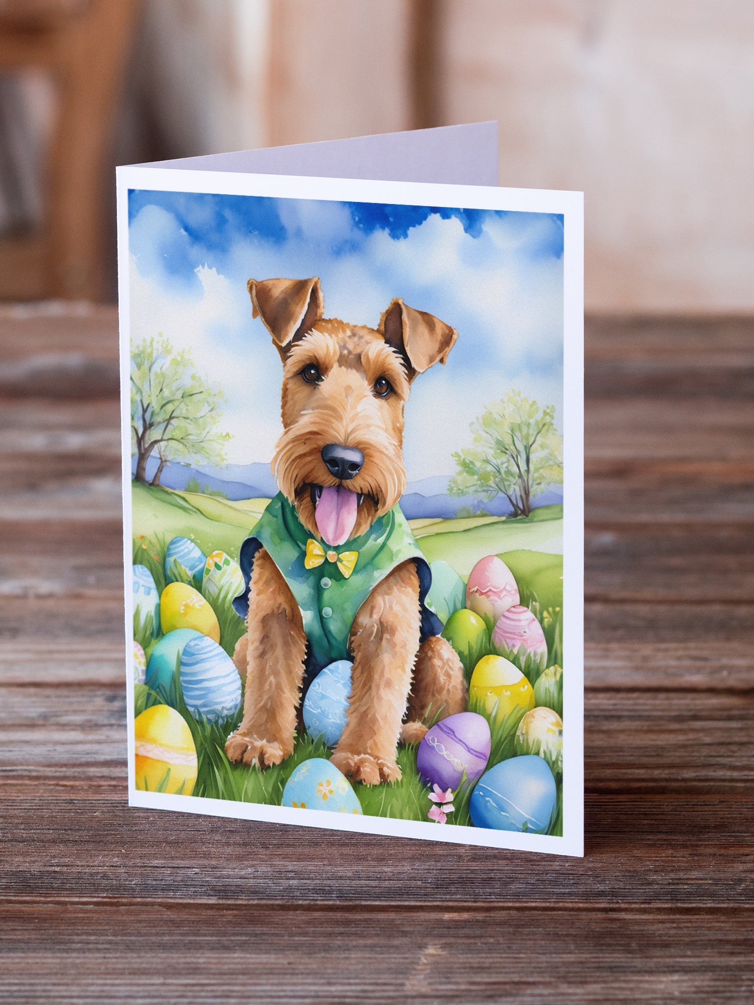 Airedale Terrier Easter Egg Hunt Greeting Cards Pack of 8 Blank Cards with Envelopes Whimsical A7 Size 5x7