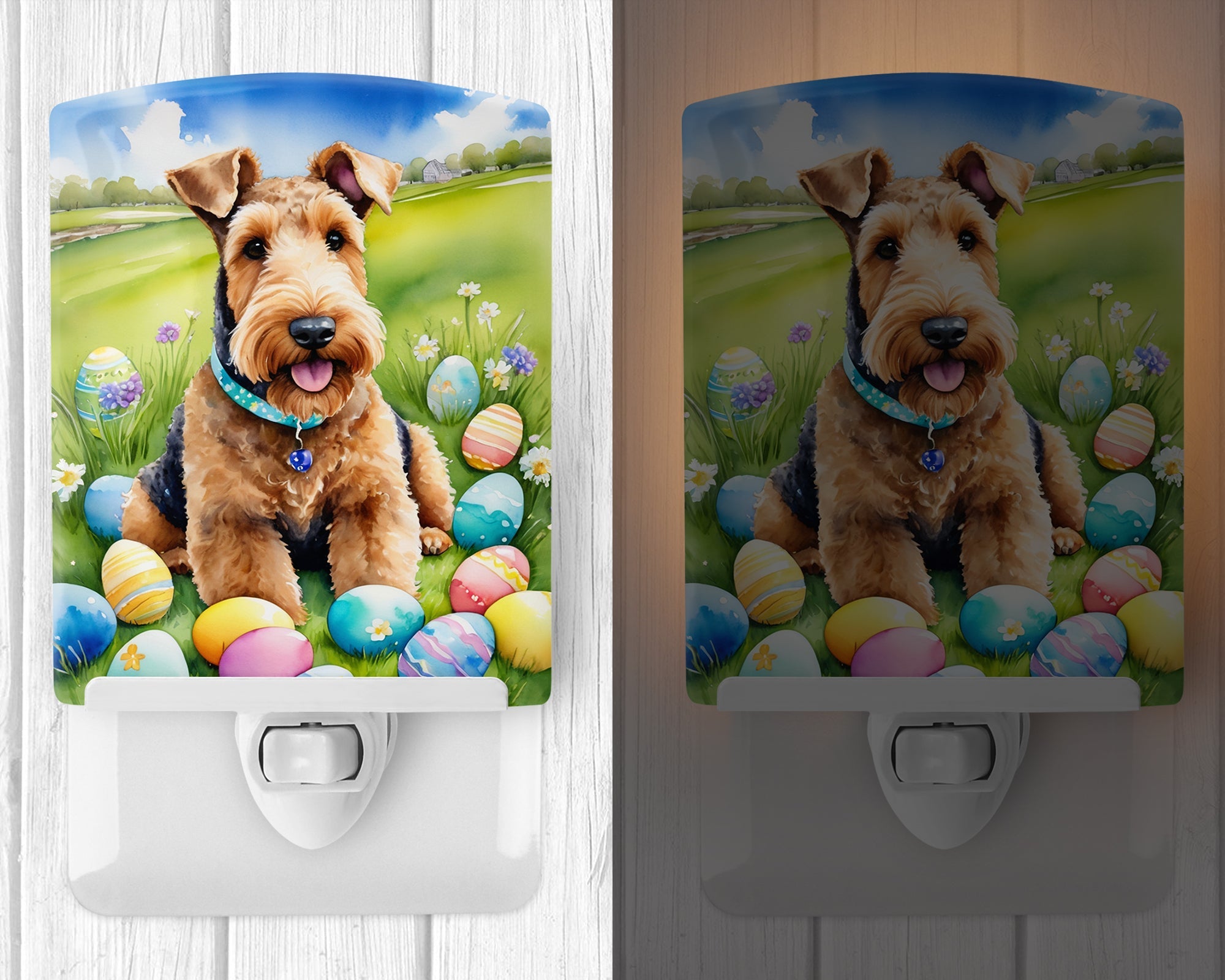 Airedale Terrier Easter Egg Hunt Ceramic Night Light Compact, UL-Certified, Ideal for Bedroom, Bathroom, Nursery, Hallway, Kitchen, 6x4x3, Multicolor