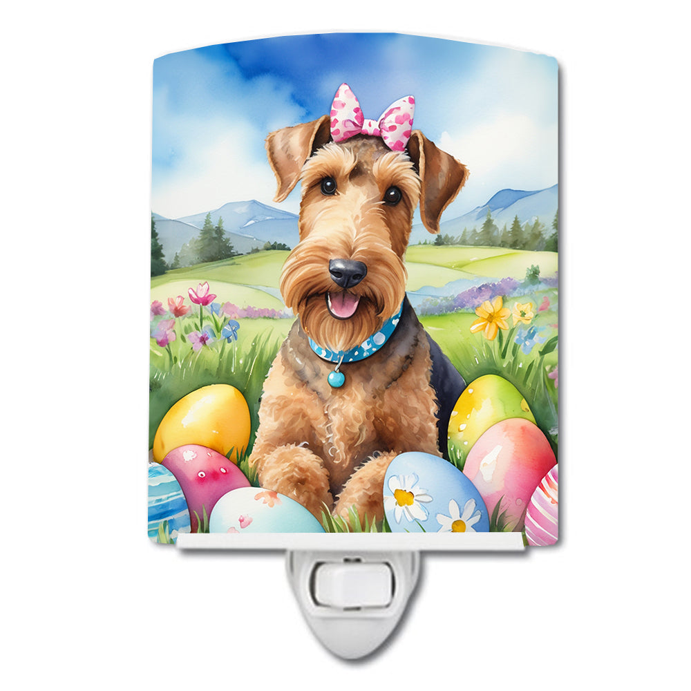 Airedale Terrier Easter Egg Hunt Ceramic Night Light Compact, UL-Certified, Ideal for Bedroom, Bathroom, Nursery, Hallway, Kitchen, 6x4x3, Multicolor