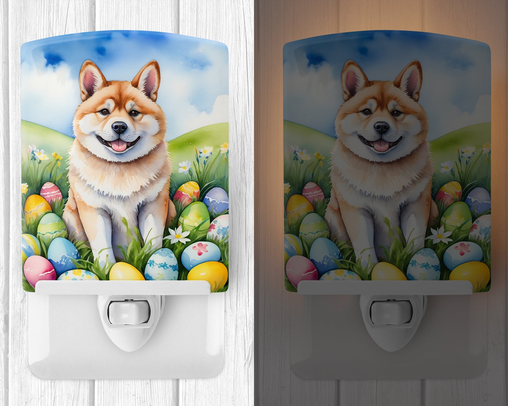 Akita Easter Egg Hunt Ceramic Night Light Compact, UL-Certified, Ideal for Bedroom, Bathroom, Nursery, Hallway, Kitchen, 6x4x3, Multicolor