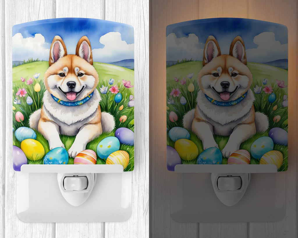 Akita Easter Egg Hunt Ceramic Night Light Compact, UL-Certified, Ideal for Bedroom, Bathroom, Nursery, Hallway, Kitchen, 6x4x3, Multicolor