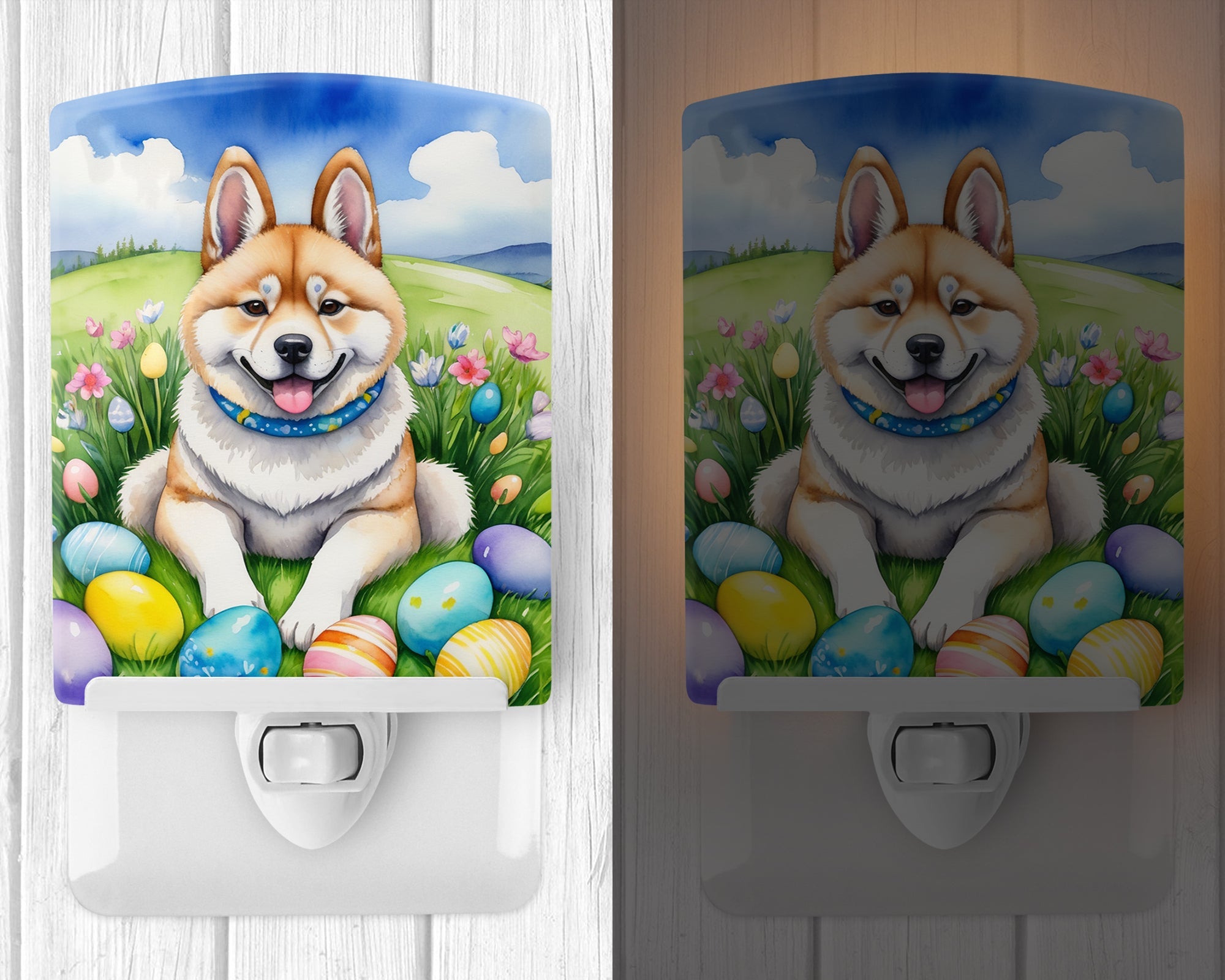 Akita Easter Egg Hunt Ceramic Night Light Compact, UL-Certified, Ideal for Bedroom, Bathroom, Nursery, Hallway, Kitchen, 6x4x3, Multicolor