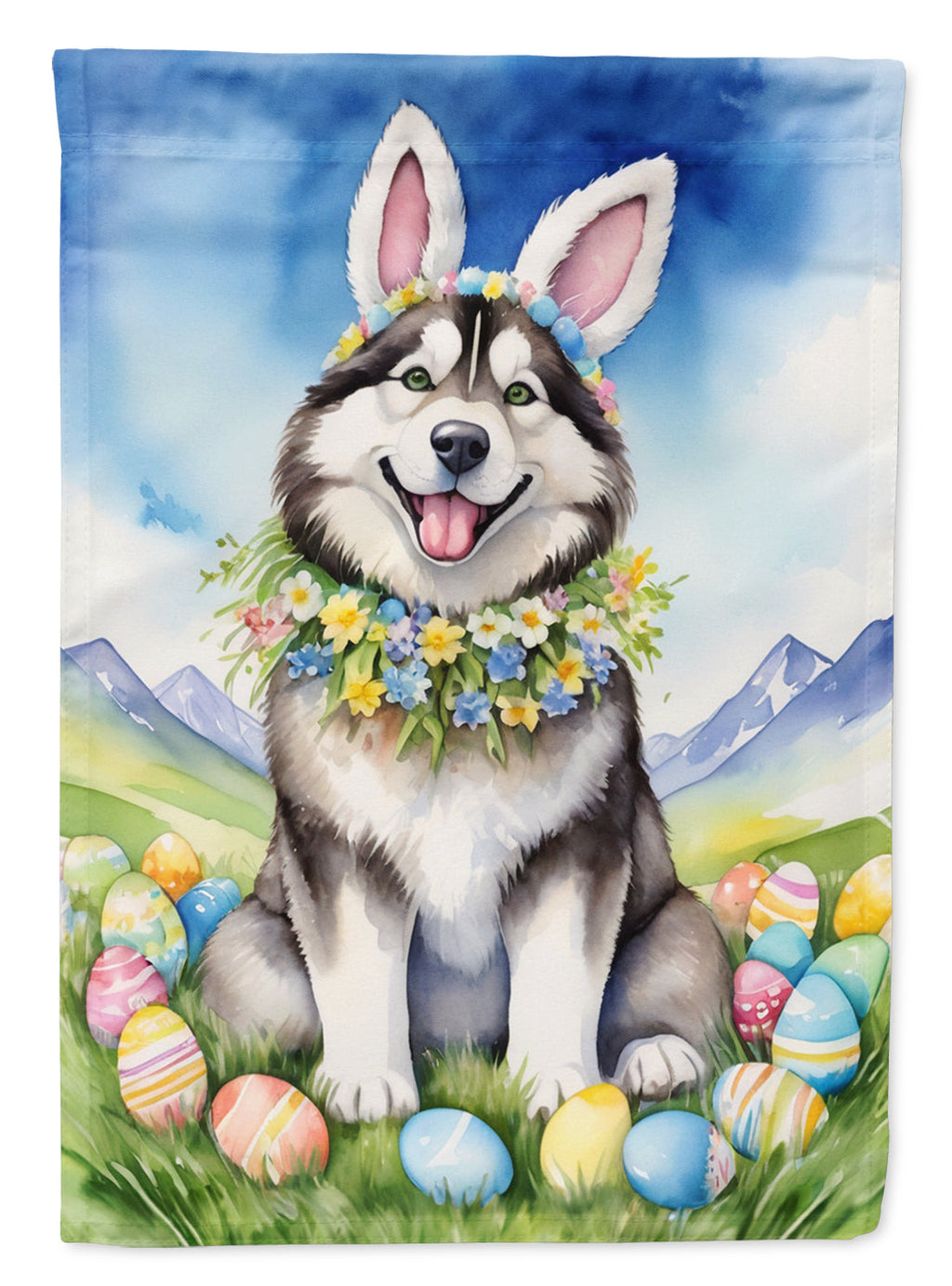 Alaskan Malamute Easter Egg Hunt House Flag 28x40 Porch Sleeve Pole Decorative Outside Yard Banner Artwork Wall Hanging, Polyester