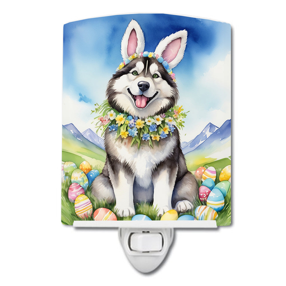 Alaskan Malamute Easter Egg Hunt Ceramic Night Light Compact, UL-Certified, Ideal for Bedroom, Bathroom, Nursery, Hallway, Kitchen, 6x4x3, Multicolor