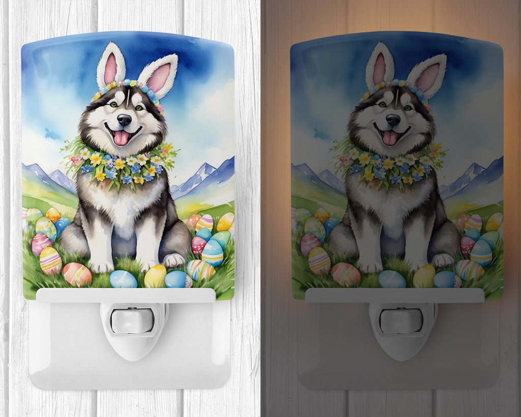 Alaskan Malamute Easter Egg Hunt Ceramic Night Light Compact, UL-Certified, Ideal for Bedroom, Bathroom, Nursery, Hallway, Kitchen, 6x4x3, Multicolor