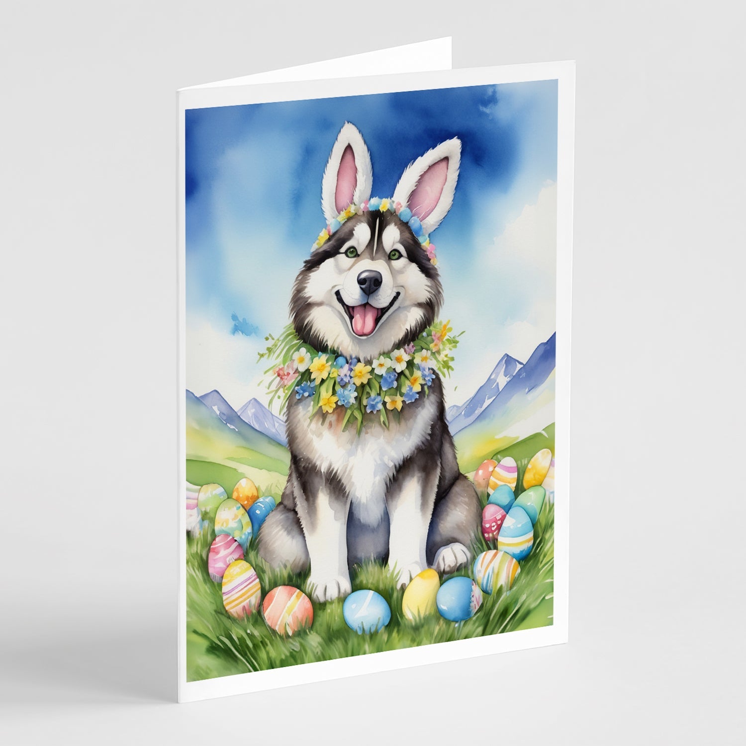 Alaskan Malamute Easter Egg Hunt Greeting Cards Pack of 8 Blank Cards with Envelopes Whimsical A7 Size 5x7