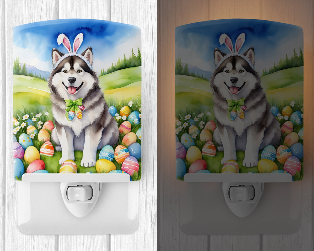 Alaskan Malamute Easter Egg Hunt Ceramic Night Light Compact, UL-Certified, Ideal for Bedroom, Bathroom, Nursery, Hallway, Kitchen, 6x4x3, Multicolor