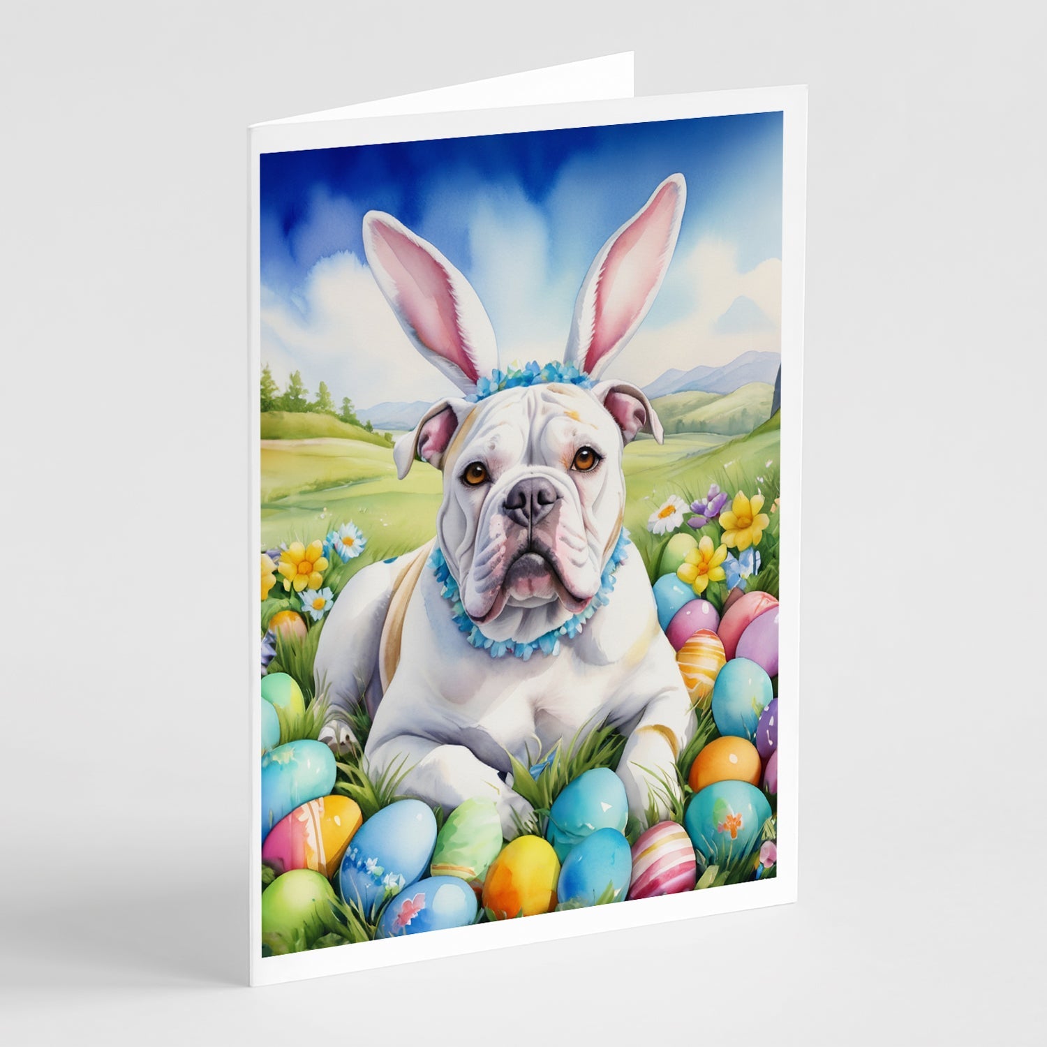 American Bulldog Easter Egg Hunt Greeting Cards Pack of 8 Blank Cards with Envelopes Whimsical A7 Size 5x7