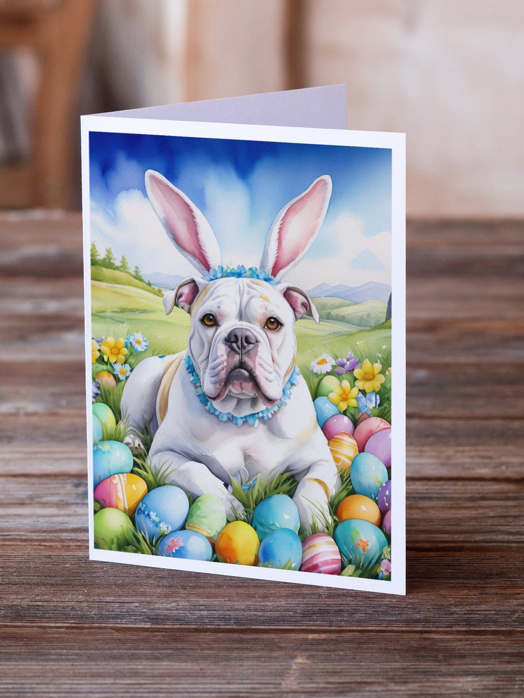 American Bulldog Easter Egg Hunt Greeting Cards Pack of 8 Blank Cards with Envelopes Whimsical A7 Size 5x7