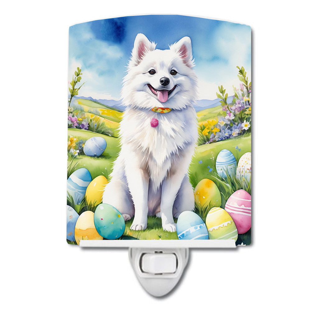 American Eskimo Easter Egg Hunt Ceramic Night Light Compact, UL-Certified, Ideal for Bedroom, Bathroom, Nursery, Hallway, Kitchen, 6x4x3, Multicolor