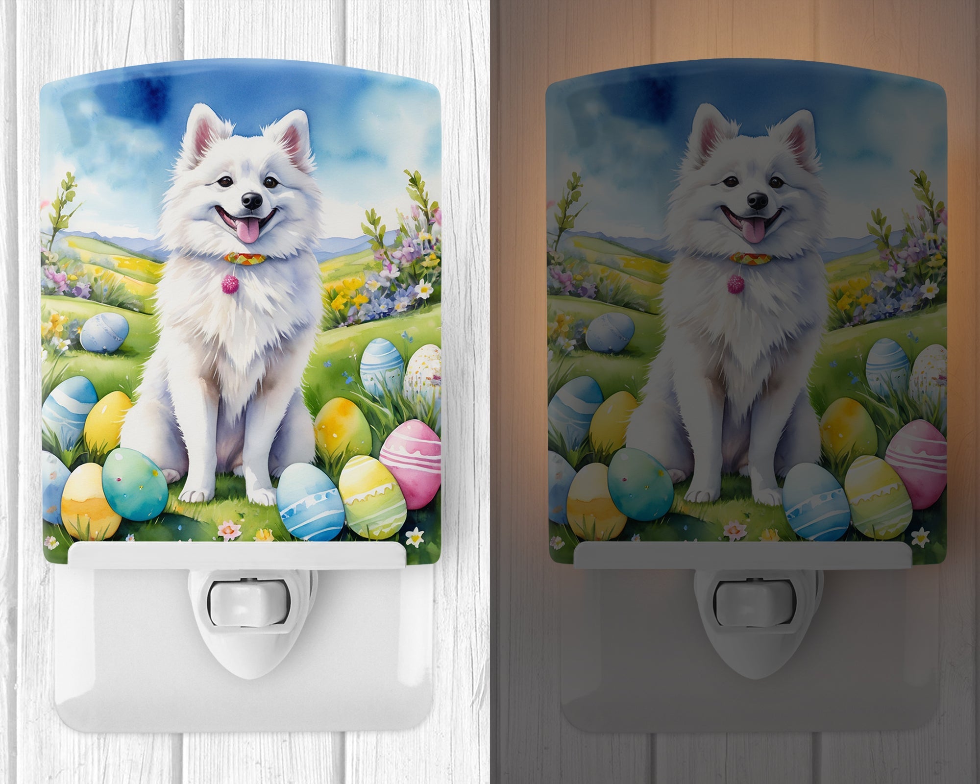 American Eskimo Easter Egg Hunt Ceramic Night Light Compact, UL-Certified, Ideal for Bedroom, Bathroom, Nursery, Hallway, Kitchen, 6x4x3, Multicolor