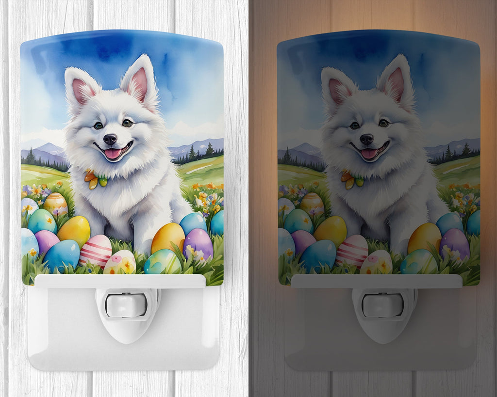 American Eskimo Easter Egg Hunt Ceramic Night Light Compact, UL-Certified, Ideal for Bedroom, Bathroom, Nursery, Hallway, Kitchen, 6x4x3, Multicolor