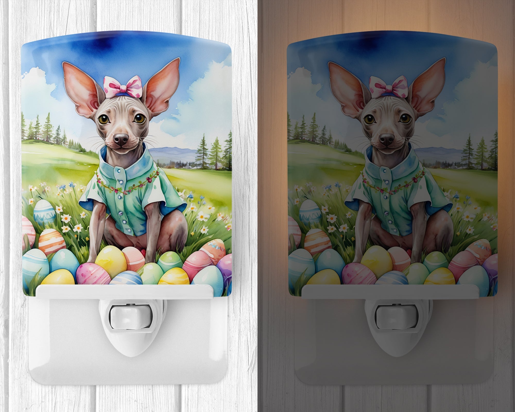 American Hairless Terrier Easter Egg Hunt Ceramic Night Light Compact, UL-Certified, Ideal for Bedroom, Bathroom, Nursery, Hallway, Kitchen, 6x4x3, Multicolor