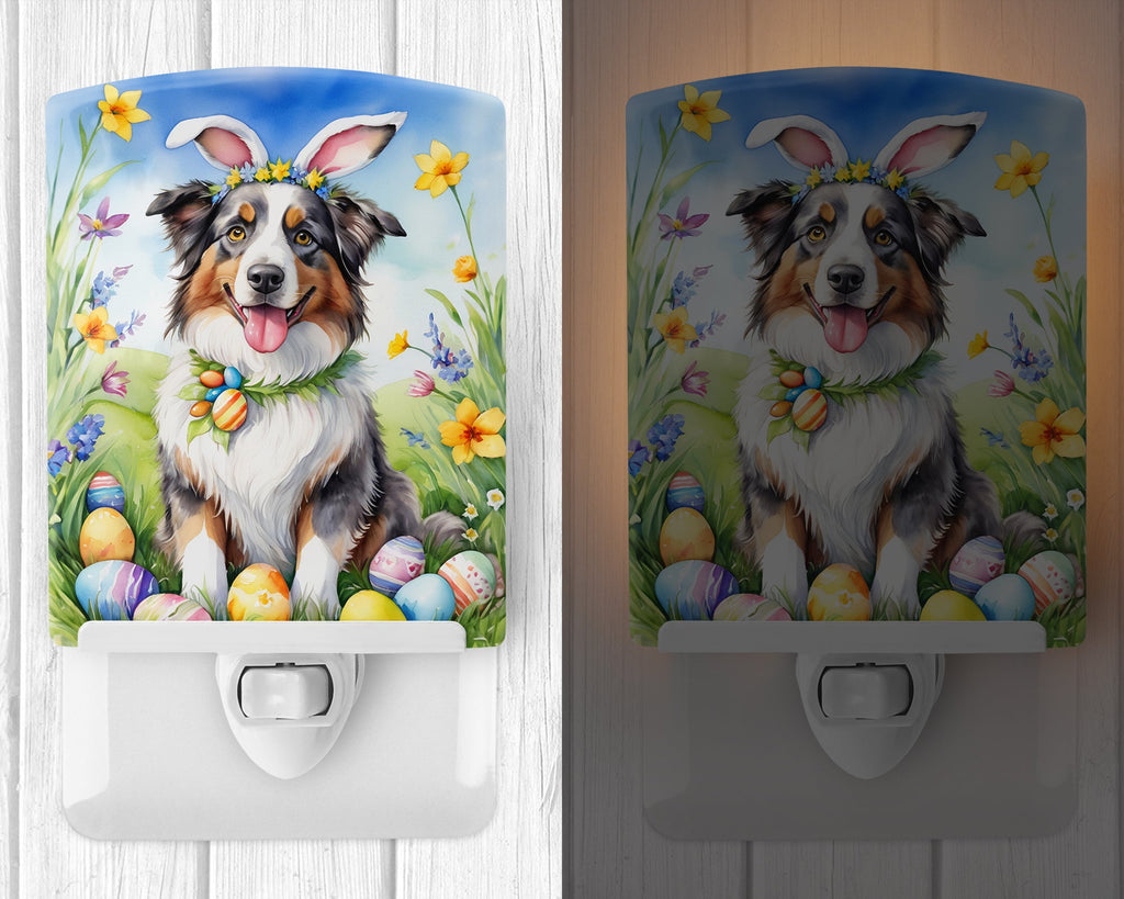 Australian Shepherd Easter Egg Hunt Ceramic Night Light Compact, UL-Certified, Ideal for Bedroom, Bathroom, Nursery, Hallway, Kitchen, 6x4x3, Multicolor