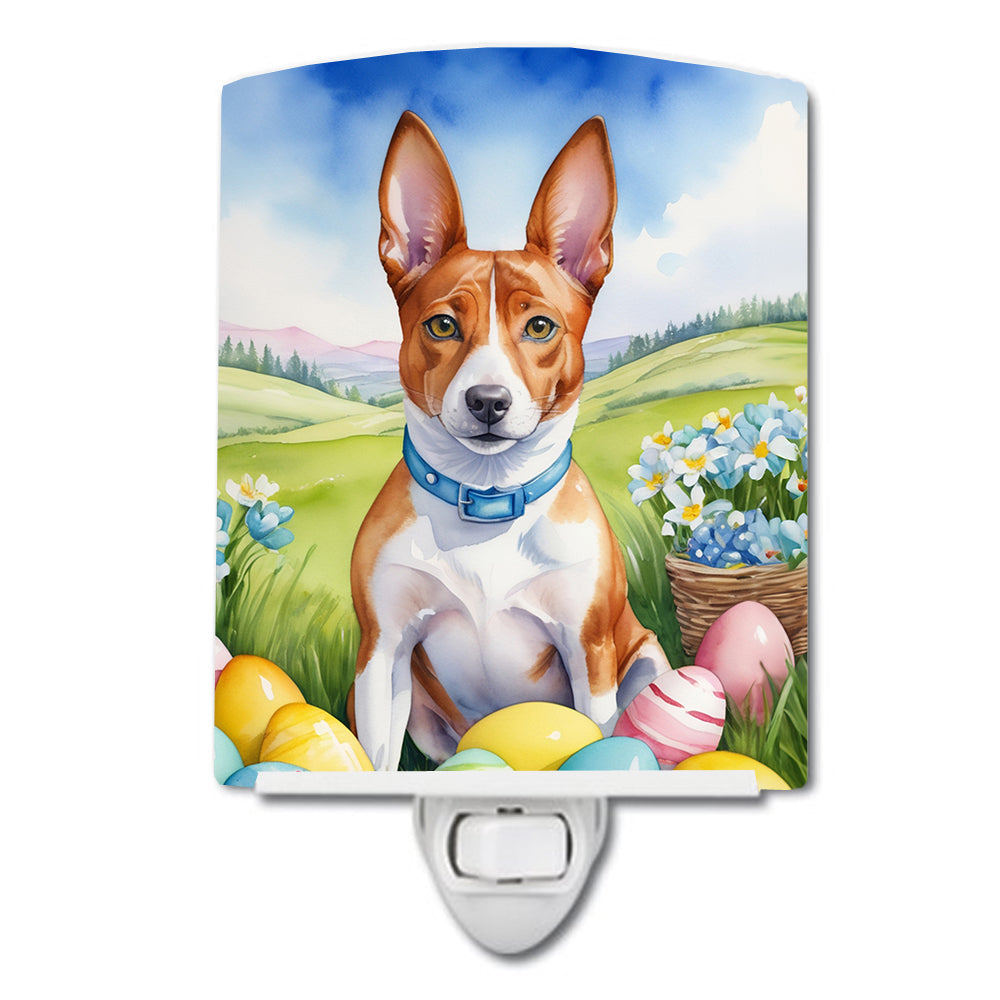Basenji Easter Egg Hunt Ceramic Night Light Compact, UL-Certified, Ideal for Bedroom, Bathroom, Nursery, Hallway, Kitchen, 6x4x3, Multicolor