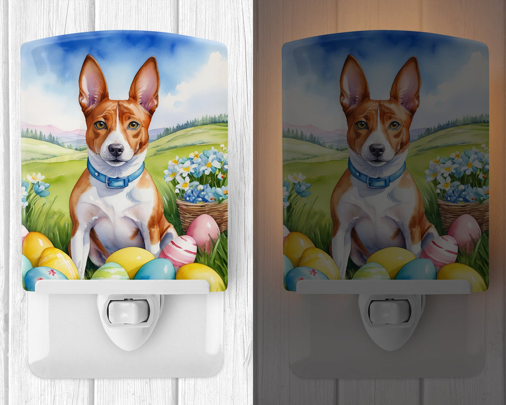 Basenji Easter Egg Hunt Ceramic Night Light Compact, UL-Certified, Ideal for Bedroom, Bathroom, Nursery, Hallway, Kitchen, 6x4x3, Multicolor