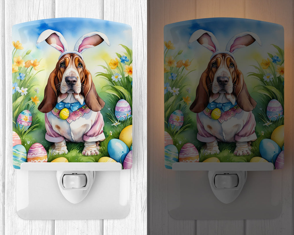 Basset Hound Easter Egg Hunt Ceramic Night Light Compact, UL-Certified, Ideal for Bedroom, Bathroom, Nursery, Hallway, Kitchen, 6x4x3, Multicolor