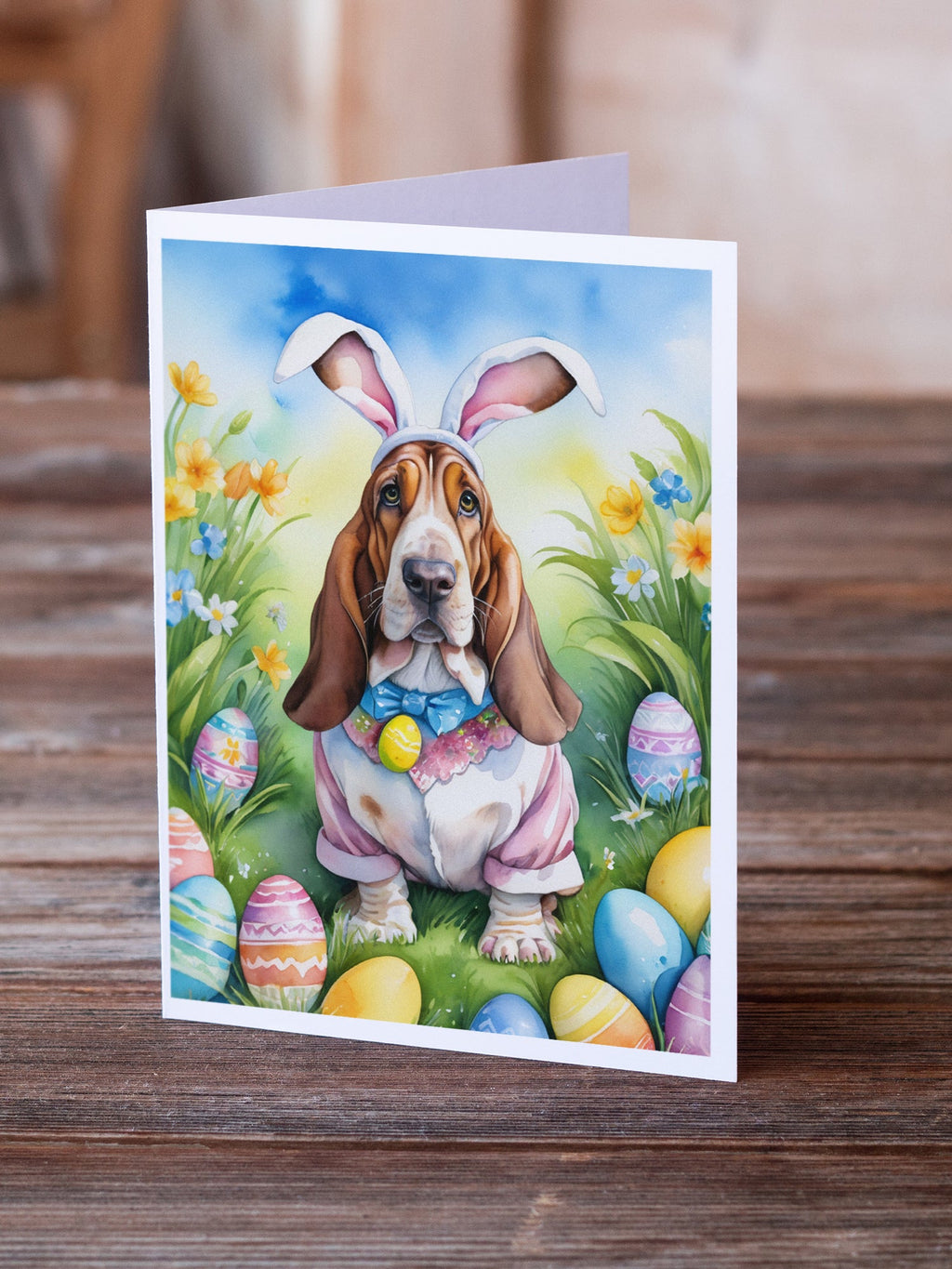 Basset Hound Easter Egg Hunt Greeting Cards Pack of 8 Blank Cards with Envelopes Whimsical A7 Size 5x7