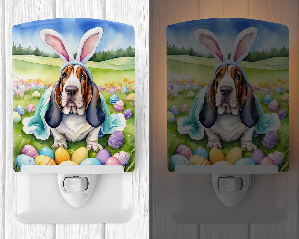 Basset Hound Easter Egg Hunt Ceramic Night Light Compact, UL-Certified, Ideal for Bedroom, Bathroom, Nursery, Hallway, Kitchen, 6x4x3, Multicolor