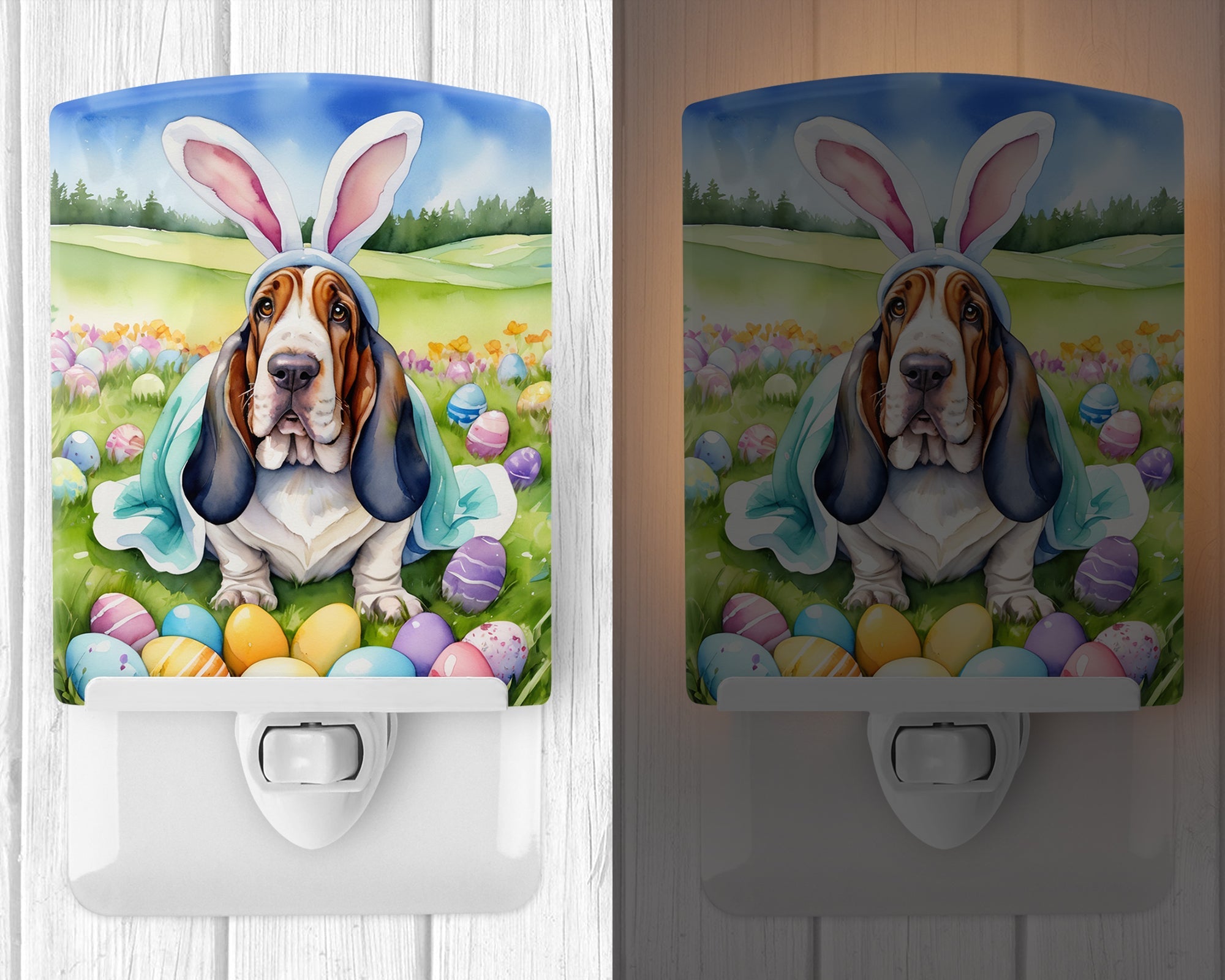 Basset Hound Easter Egg Hunt Ceramic Night Light Compact, UL-Certified, Ideal for Bedroom, Bathroom, Nursery, Hallway, Kitchen, 6x4x3, Multicolor