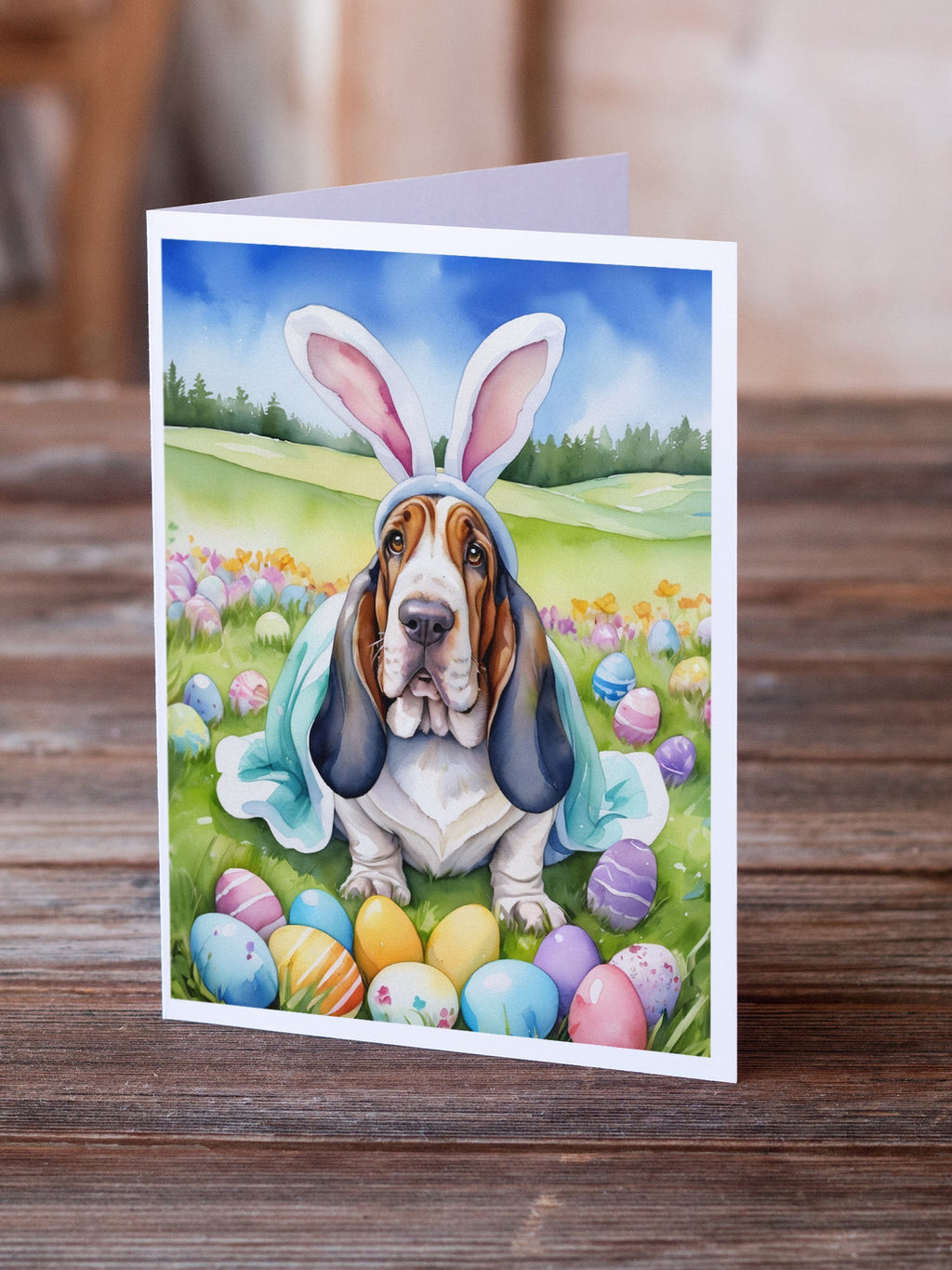 Basset Hound Easter Egg Hunt Greeting Cards Pack of 8 Blank Cards with Envelopes Whimsical A7 Size 5x7