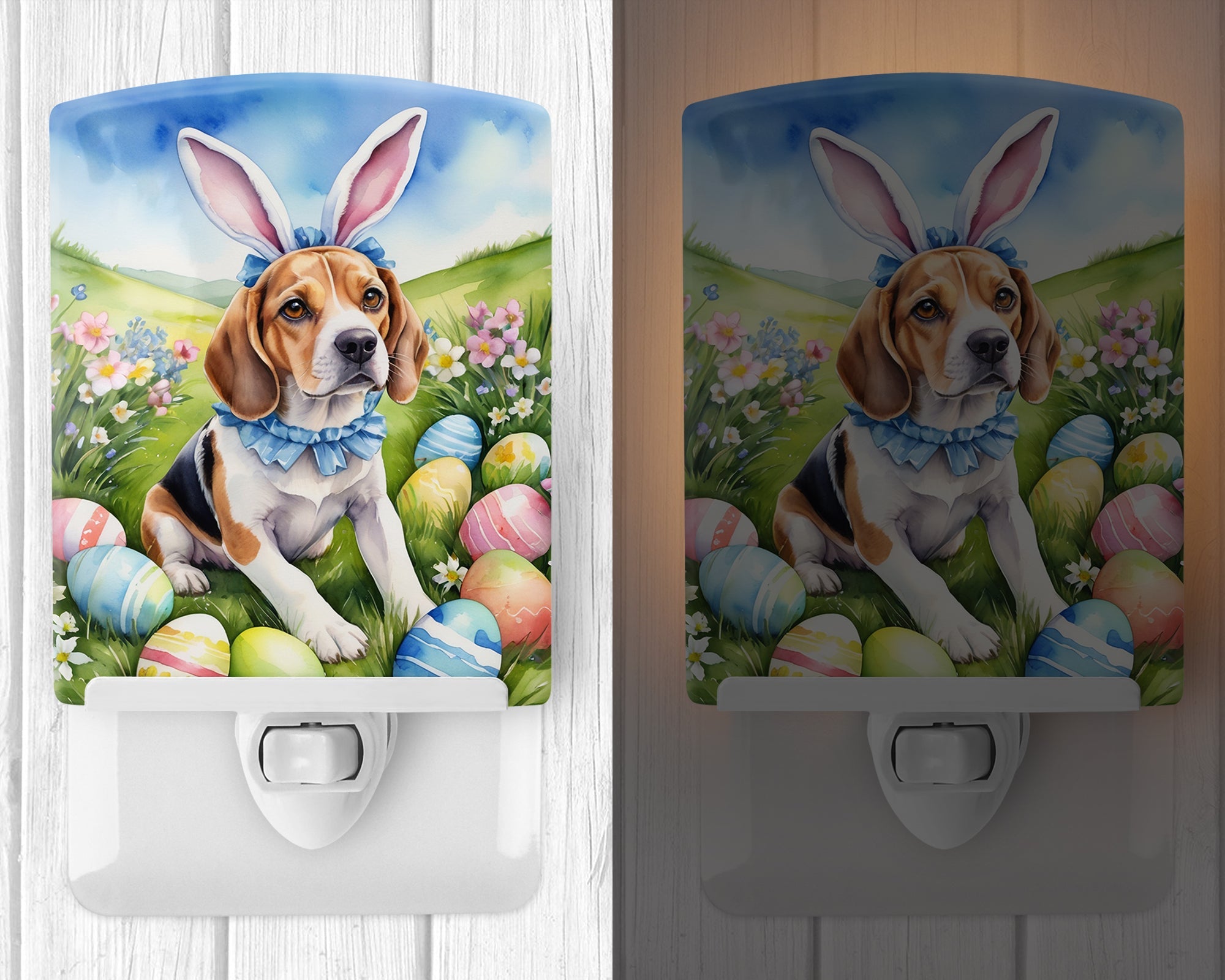 Beagle Easter Egg Hunt Ceramic Night Light Compact, UL-Certified, Ideal for Bedroom, Bathroom, Nursery, Hallway, Kitchen, 6x4x3, Multicolor