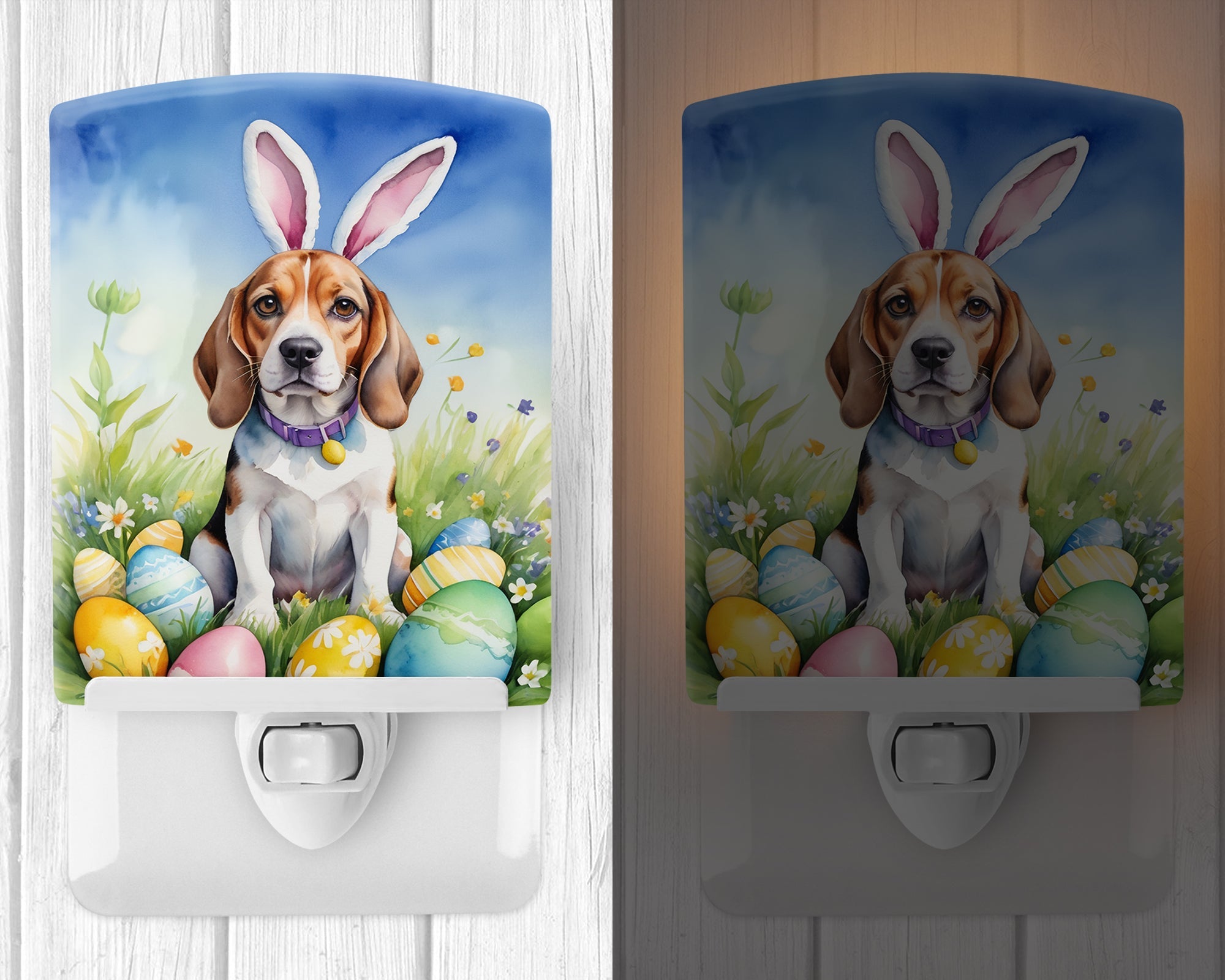 Beagle Easter Egg Hunt Ceramic Night Light Compact, UL-Certified, Ideal for Bedroom, Bathroom, Nursery, Hallway, Kitchen, 6x4x3, Multicolor