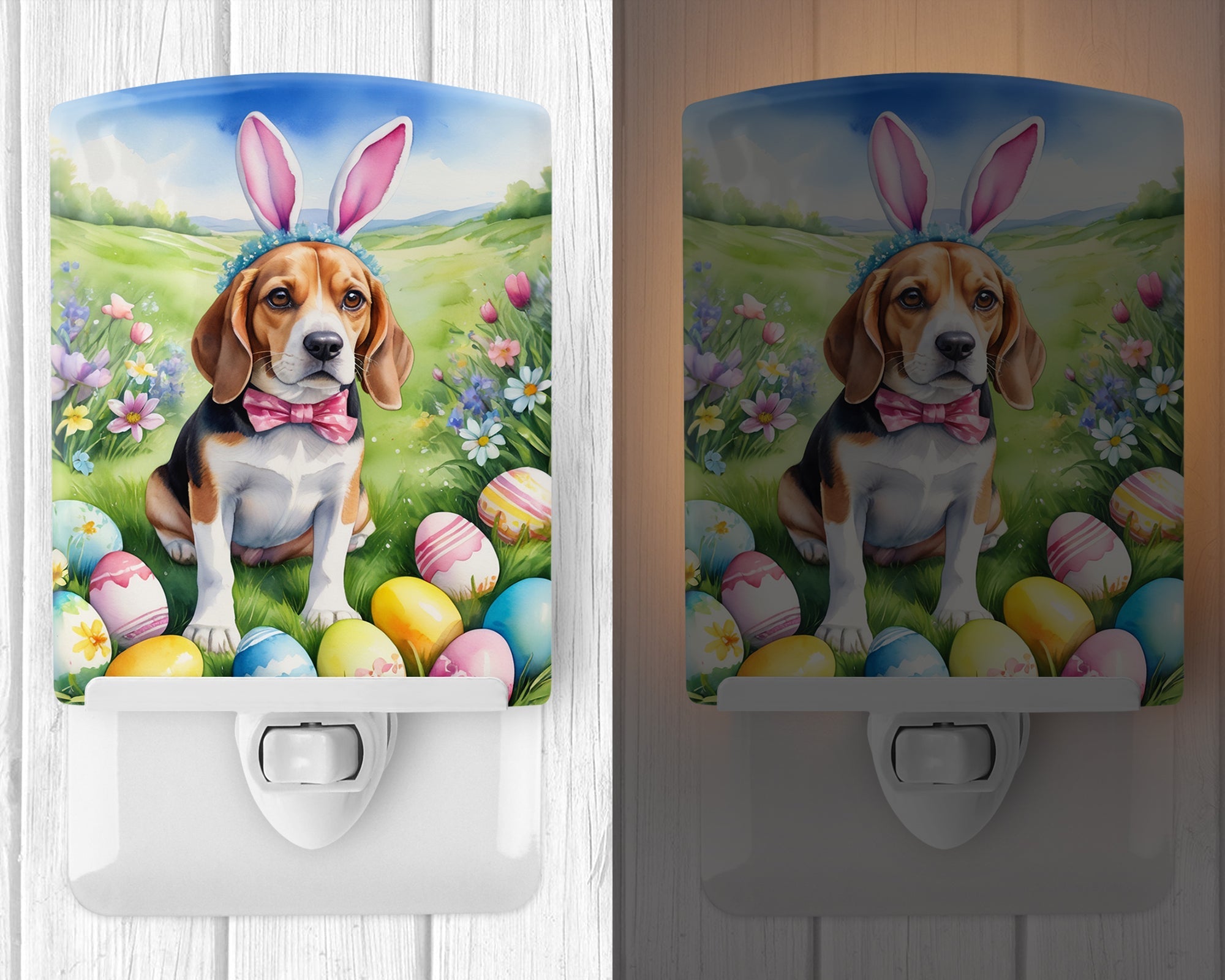 Beagle Easter Egg Hunt Ceramic Night Light Compact, UL-Certified, Ideal for Bedroom, Bathroom, Nursery, Hallway, Kitchen, 6x4x3, Multicolor