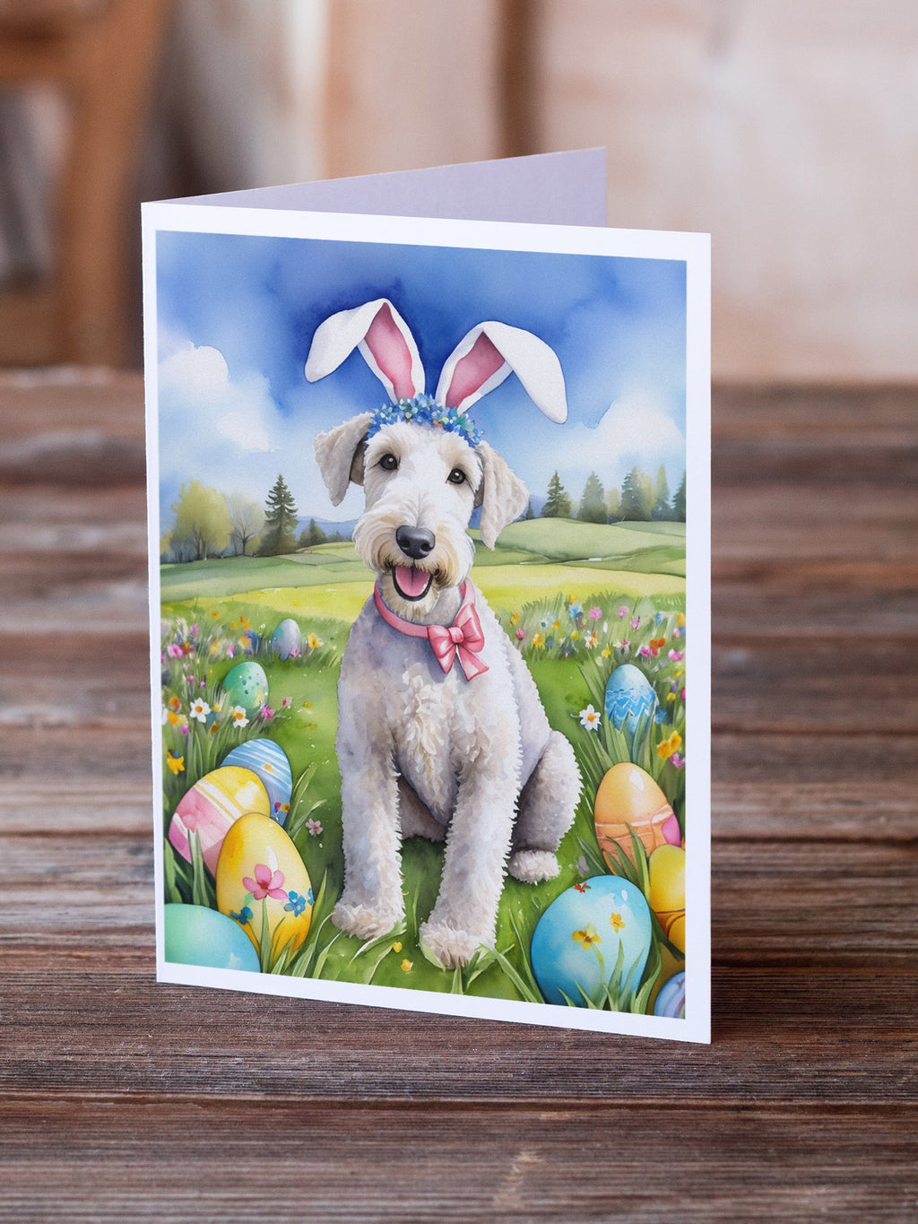 Bedlington Terrier Easter Egg Hunt Greeting Cards Pack of 8 Blank Cards with Envelopes Whimsical A7 Size 5x7