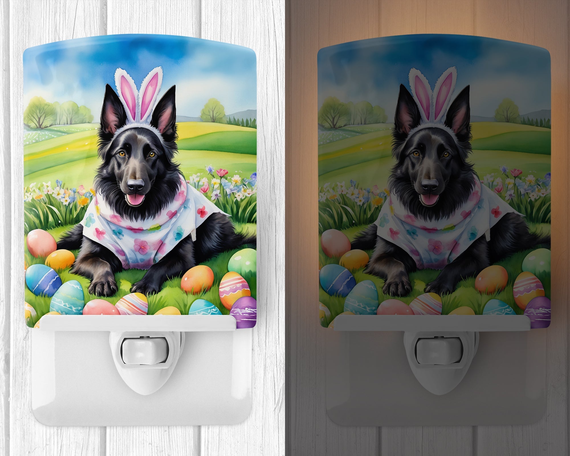 Belgian Sheepdog Easter Egg Hunt Ceramic Night Light Compact, UL-Certified, Ideal for Bedroom, Bathroom, Nursery, Hallway, Kitchen, 6x4x3, Multicolor