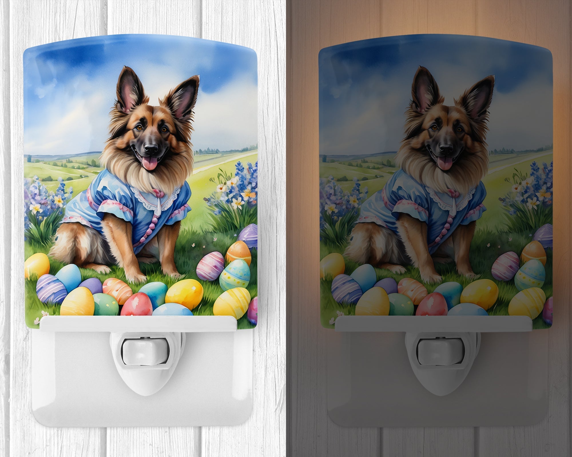 Belgian Tervuren Easter Egg Hunt Ceramic Night Light Compact, UL-Certified, Ideal for Bedroom, Bathroom, Nursery, Hallway, Kitchen, 6x4x3, Multicolor