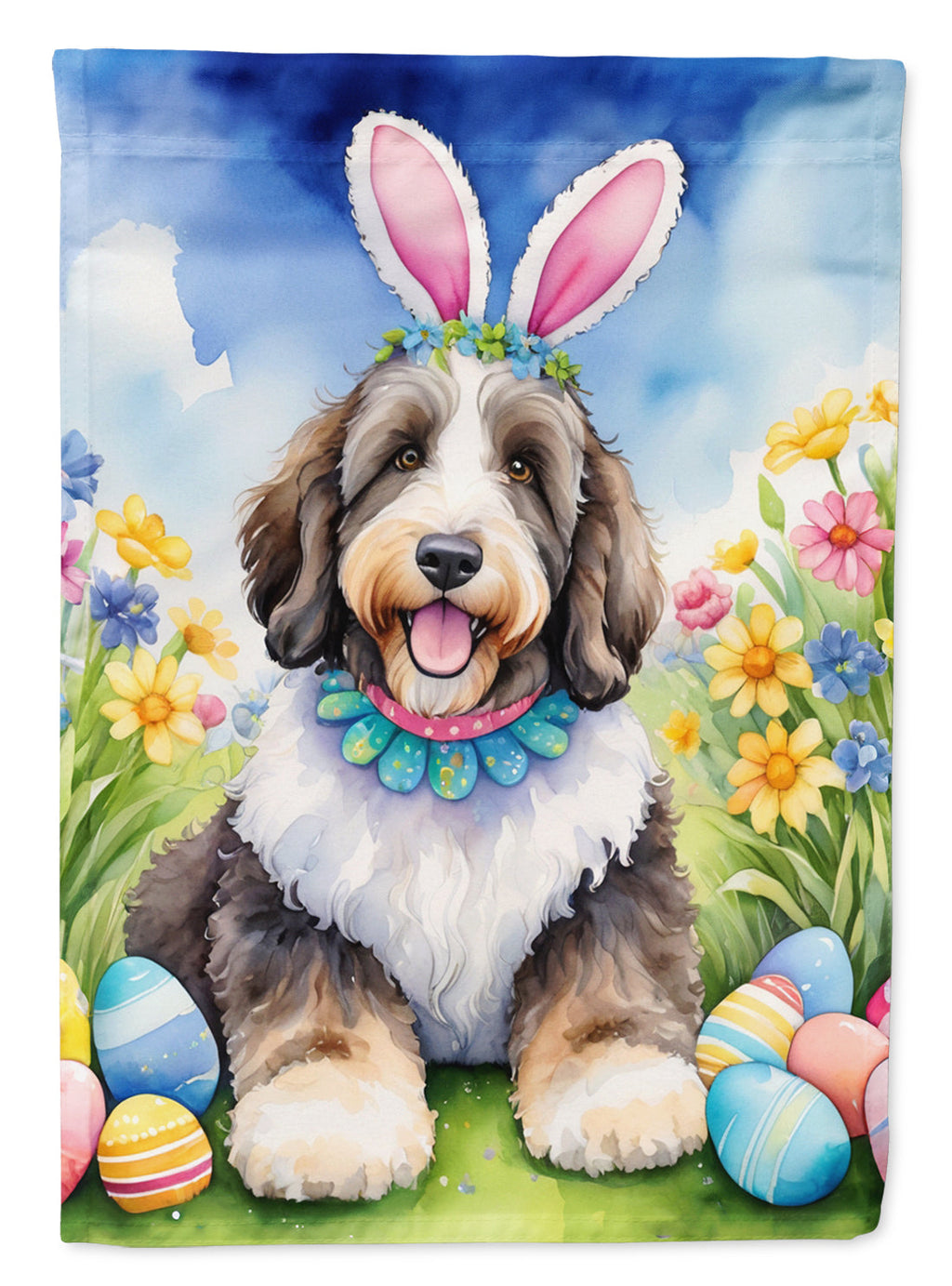 Bernedoodle Easter Egg Hunt House Flag 28x40 Porch Sleeve Pole Decorative Outside Yard Banner Artwork Wall Hanging, Polyester
