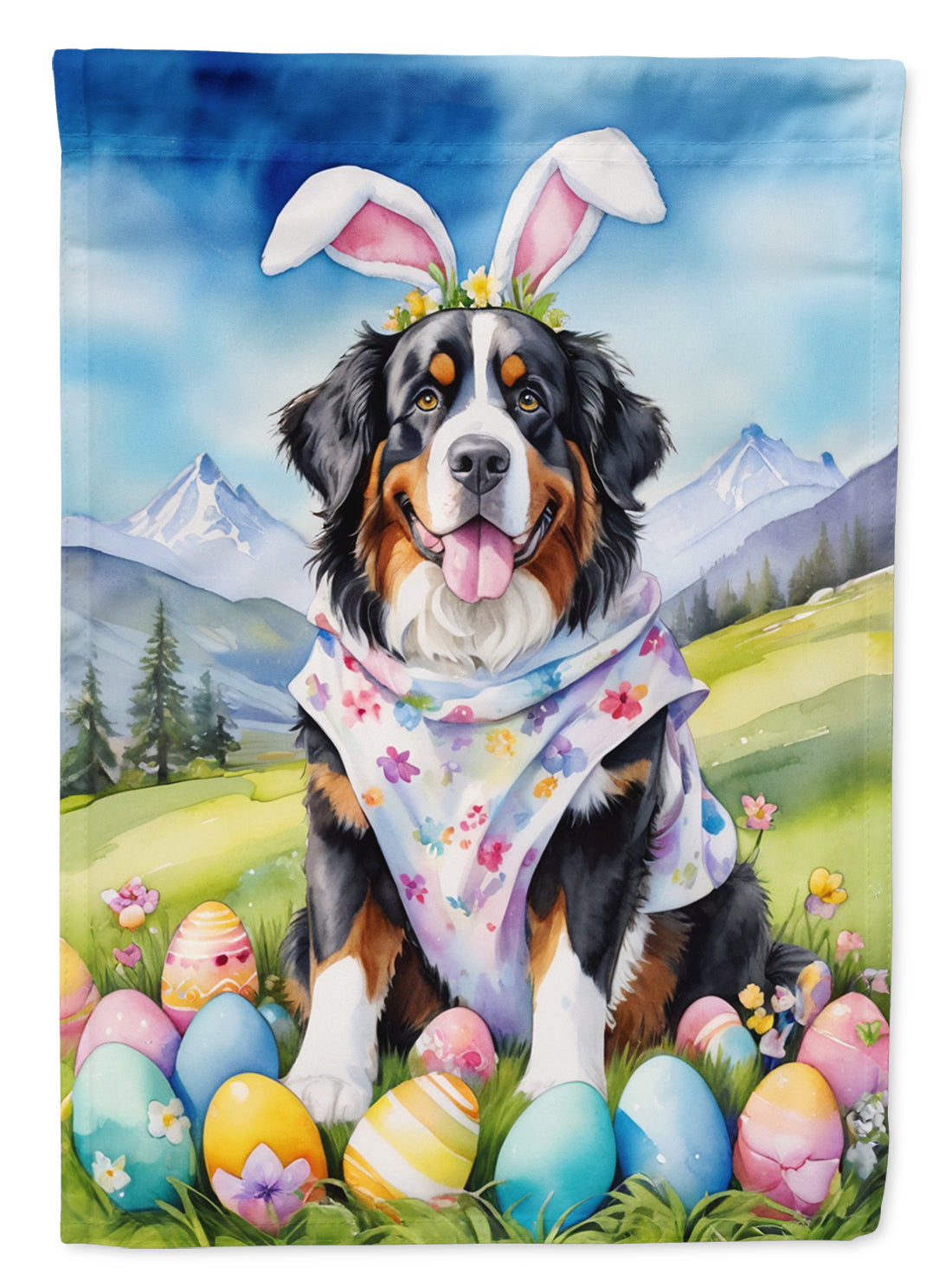 Bernese Mountain Dog Easter Egg Hunt House Flag 28x40 Porch Sleeve Pole Decorative Outside Yard Banner Artwork Wall Hanging, Polyester