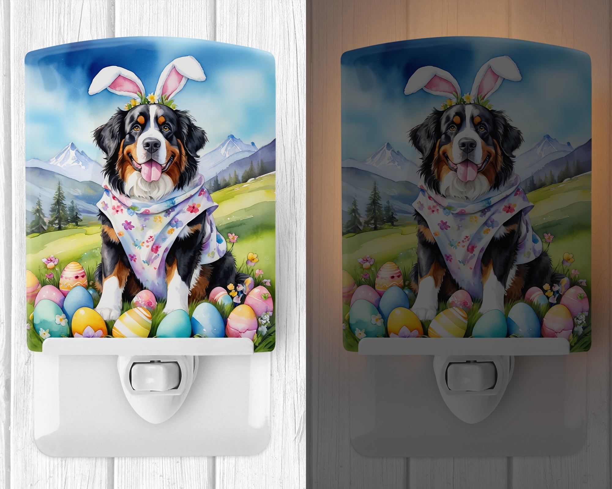 Bernese Mountain Dog Easter Egg Hunt Ceramic Night Light Compact, UL-Certified, Ideal for Bedroom, Bathroom, Nursery, Hallway, Kitchen, 6x4x3, Multicolor