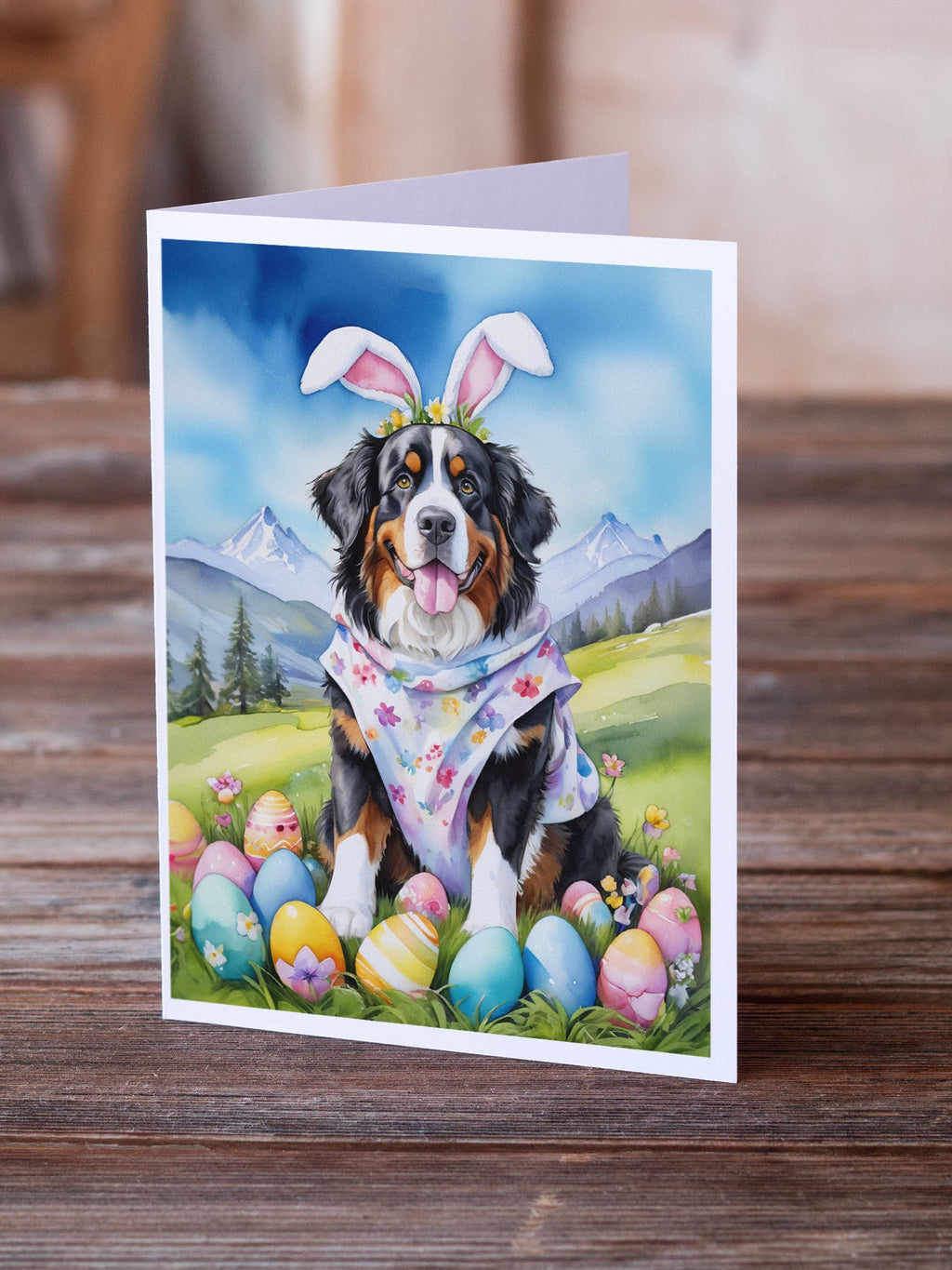 Bernese Mountain Dog Easter Egg Hunt Greeting Cards Pack of 8 Blank Cards with Envelopes Whimsical A7 Size 5x7