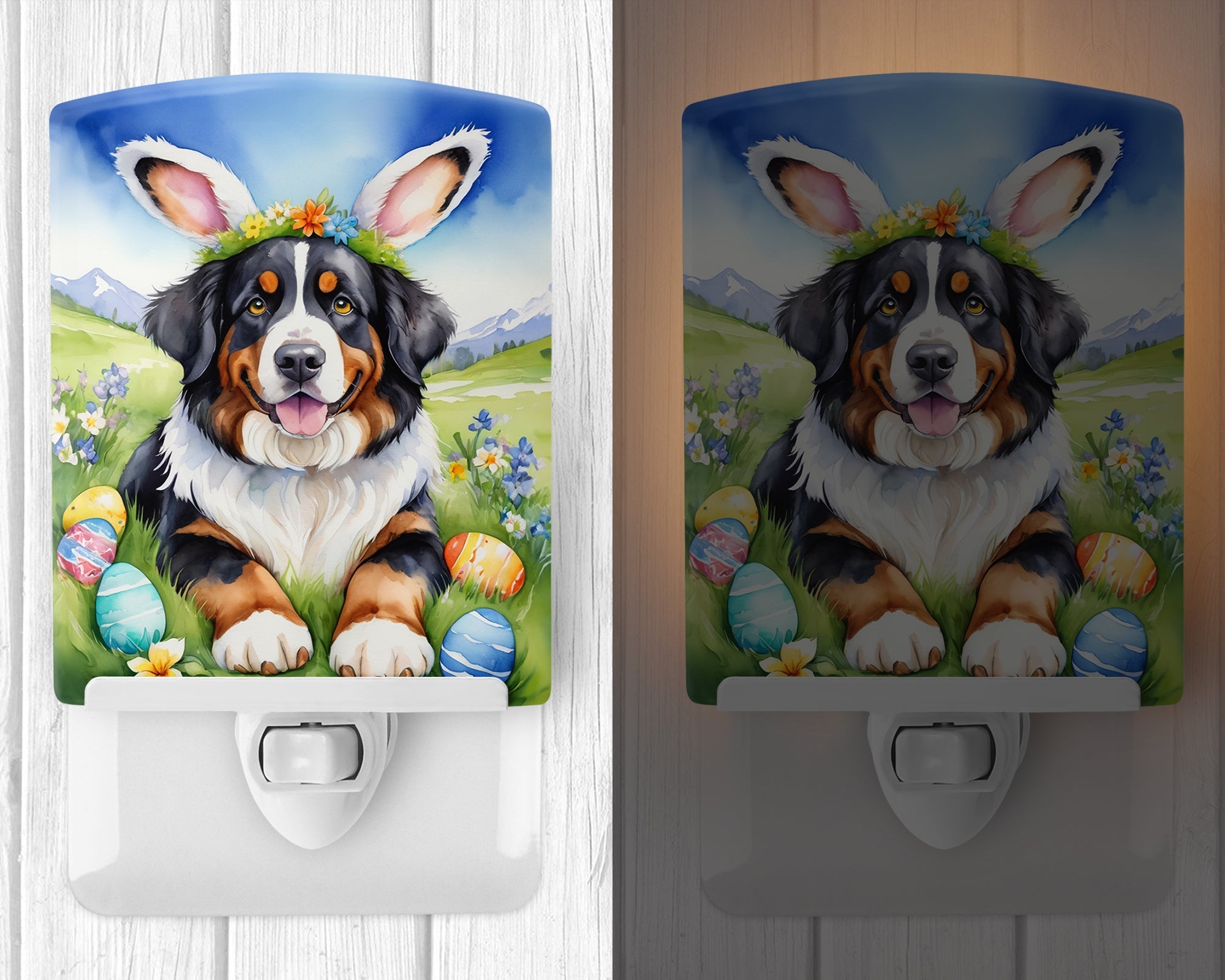 Bernese Mountain Dog Easter Egg Hunt Ceramic Night Light Compact, UL-Certified, Ideal for Bedroom, Bathroom, Nursery, Hallway, Kitchen, 6x4x3, Multicolor